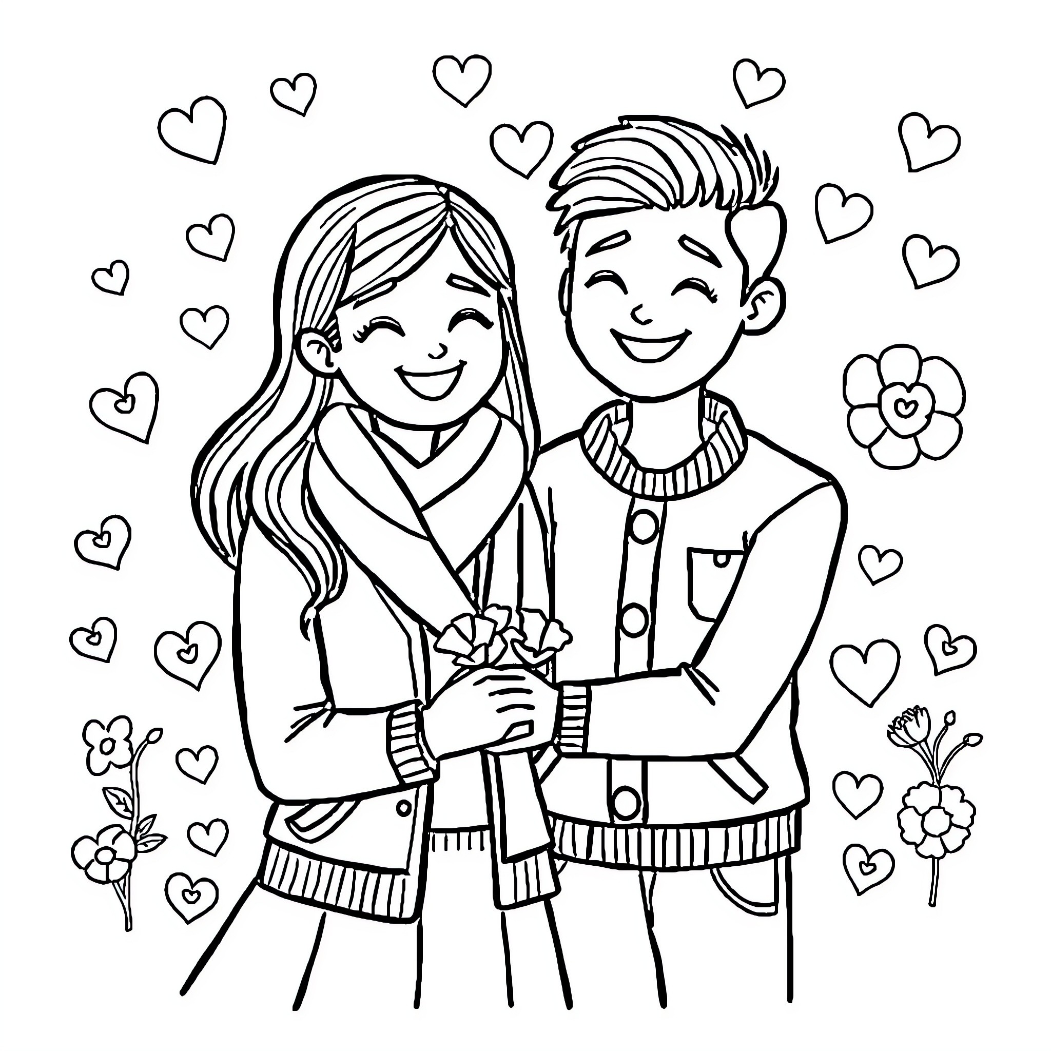 Bellota - Teenage Couple in Love Coloring Page (free black-and-white line drawing printable PDF for all, from beginners to advanced learners, including children, teens, adults, and seniors)