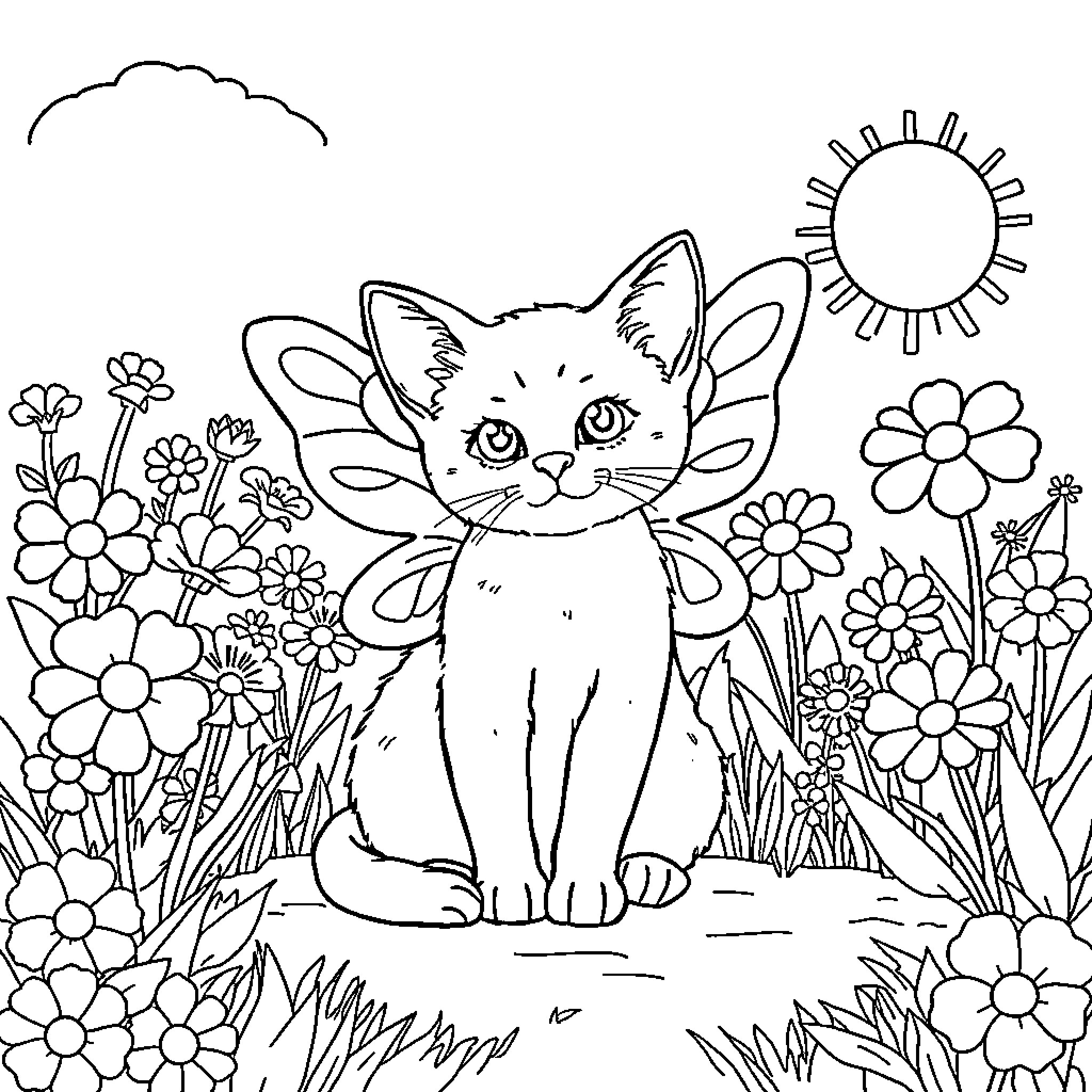 Cat in a Flower Garden Coloring Page (free black-and-white line drawing printable PDF for all, from beginners to advanced learners, including children, teens, adults, and seniors)