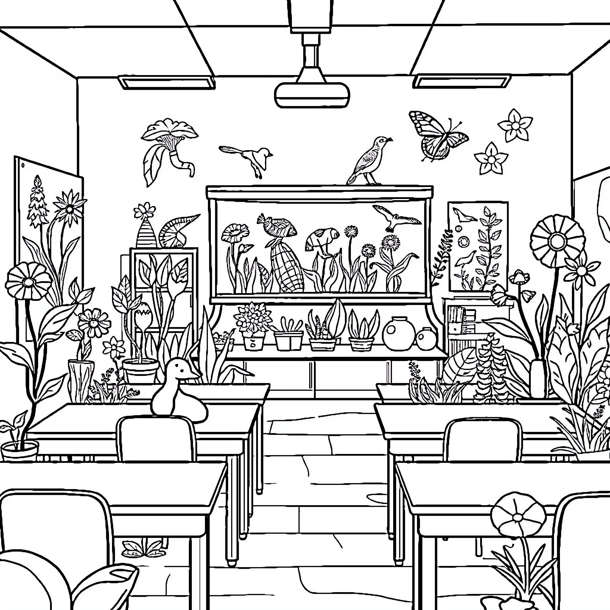 Biology Classroom with Diverse Plant and Animal Illustrations Coloring Page (free black-and-white line drawing printable PDF for all, from beginners to advanced learners, including children, teens, adults, and seniors)