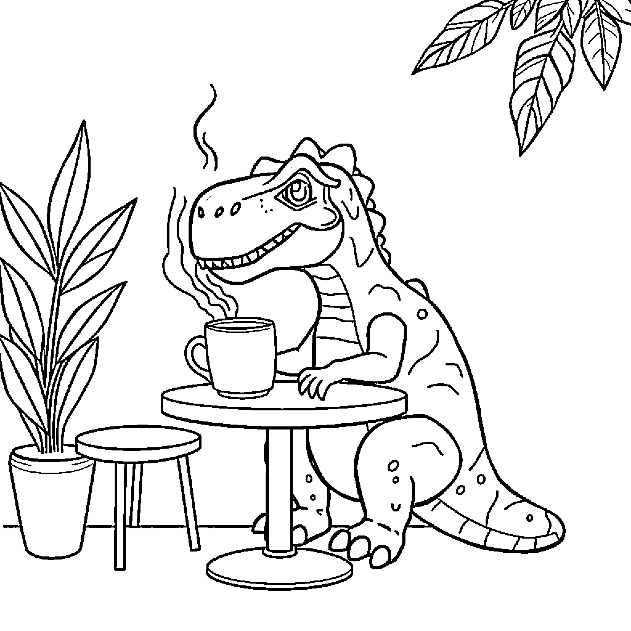 Dinosaur enjoying a warm drink in cozy setting Coloring Page (free black-and-white line drawing printable PDF for all, from beginners to advanced learners, including children, teens, adults, and seniors)
