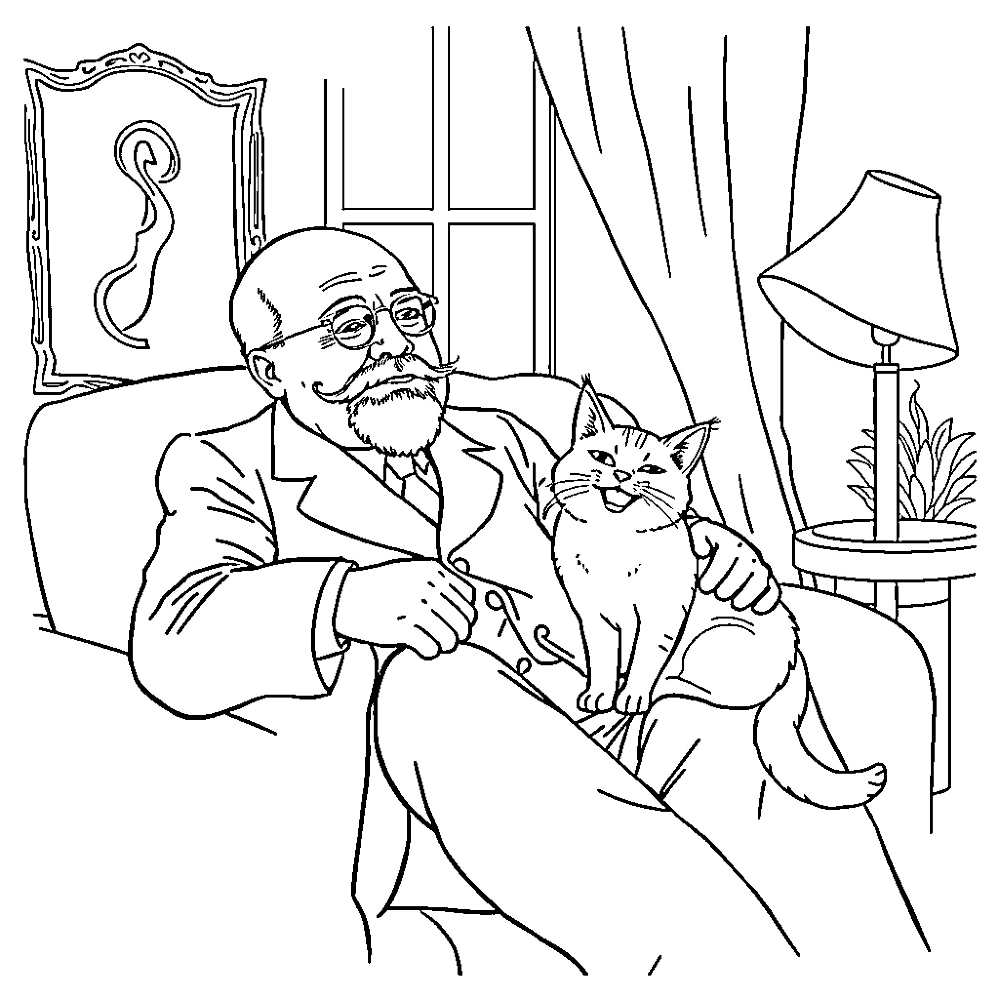 Vladimir Lenin petting a cat in a cozy interior Coloring Page (free black-and-white line drawing printable PDF for all, from beginners to advanced learners, including children, teens, adults, and seniors)