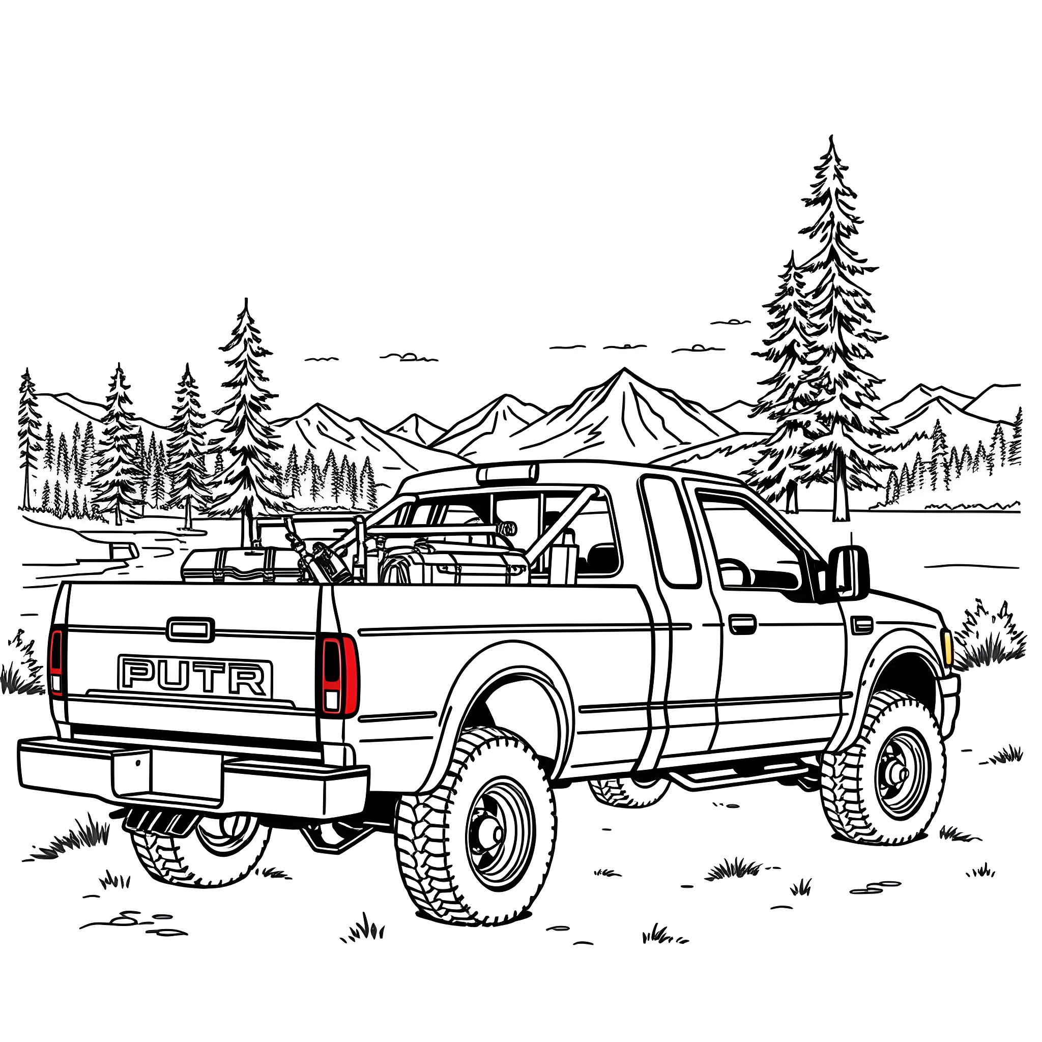 Pick Up Truck Exploring Rugged Terrain in the Mountains Coloring Page (free black-and-white line drawing printable PDF for all, from beginners to advanced learners, including children, teens, adults, and seniors)