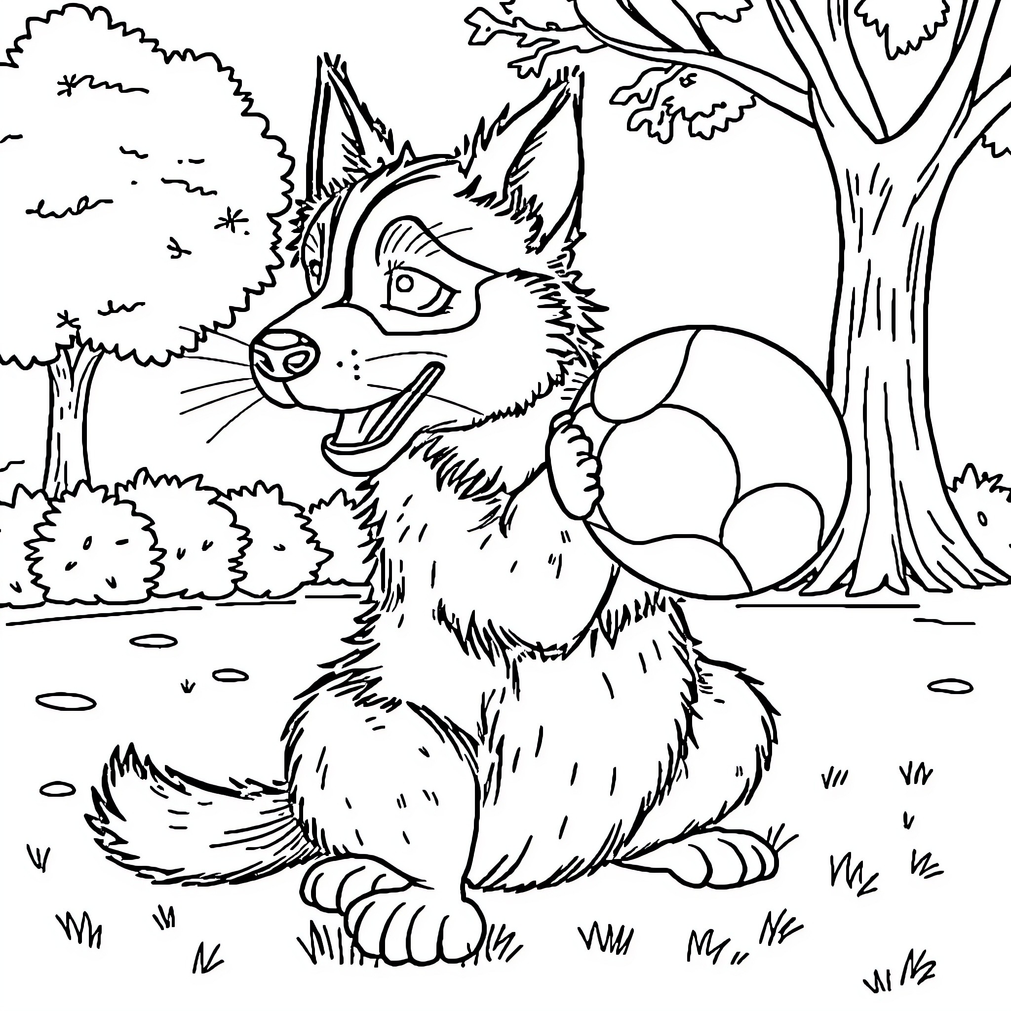 Dog playing with ball in forest Coloring Page (free black-and-white line drawing printable PDF for all, from beginners to advanced learners, including children, teens, adults, and seniors)