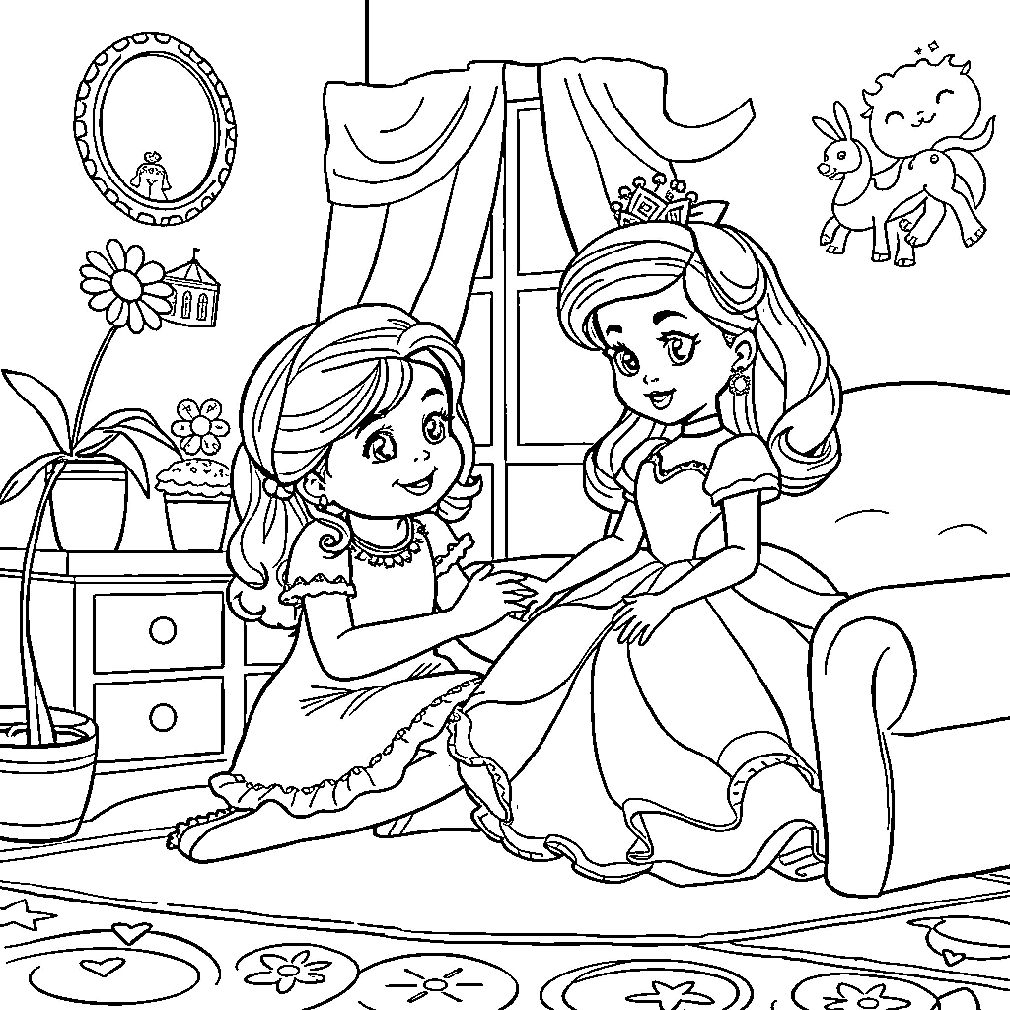 Gabby's Princess Playtime with Unicorn Coloring Page (free black-and-white line drawing printable PDF for all, from beginners to advanced learners, including children, teens, adults, and seniors)