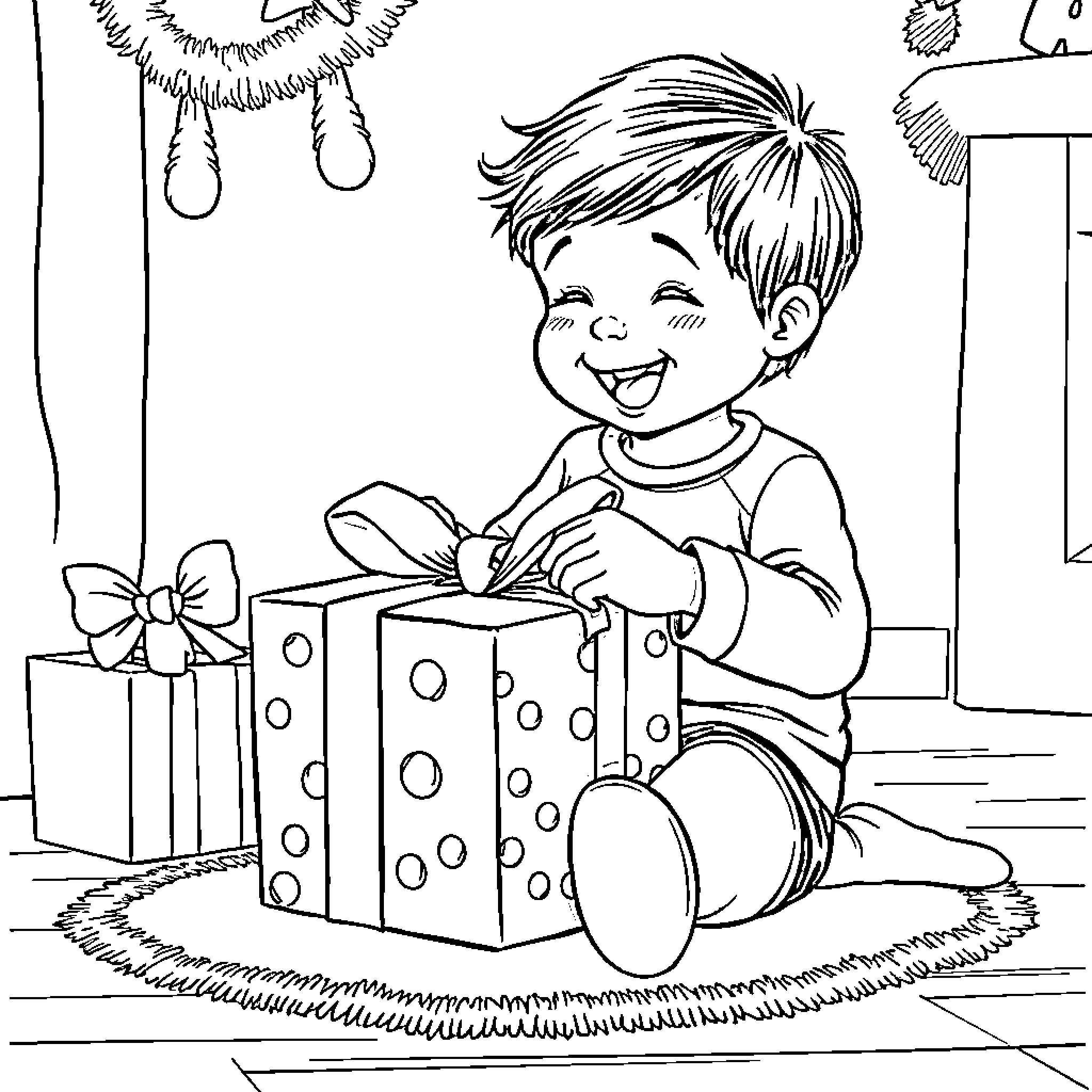 Child opening gift box with happiness Coloring Page (free black-and-white line drawing printable PDF for all, from beginners to advanced learners, including children, teens, adults, and seniors)
