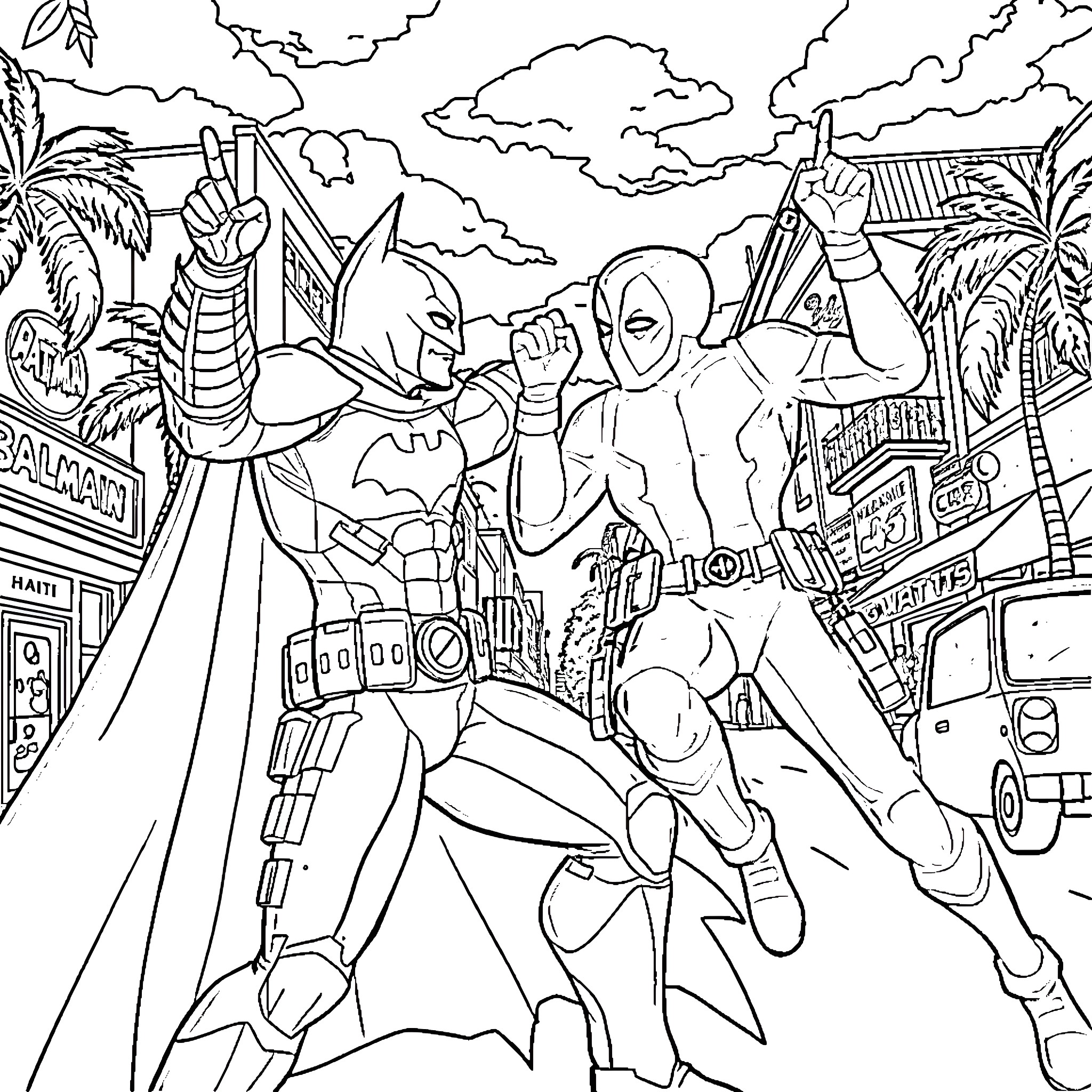 Batman and Superhero Friends Saving the City Coloring Page (free black-and-white line drawing printable PDF for all, from beginners to advanced learners, including children, teens, adults, and seniors)