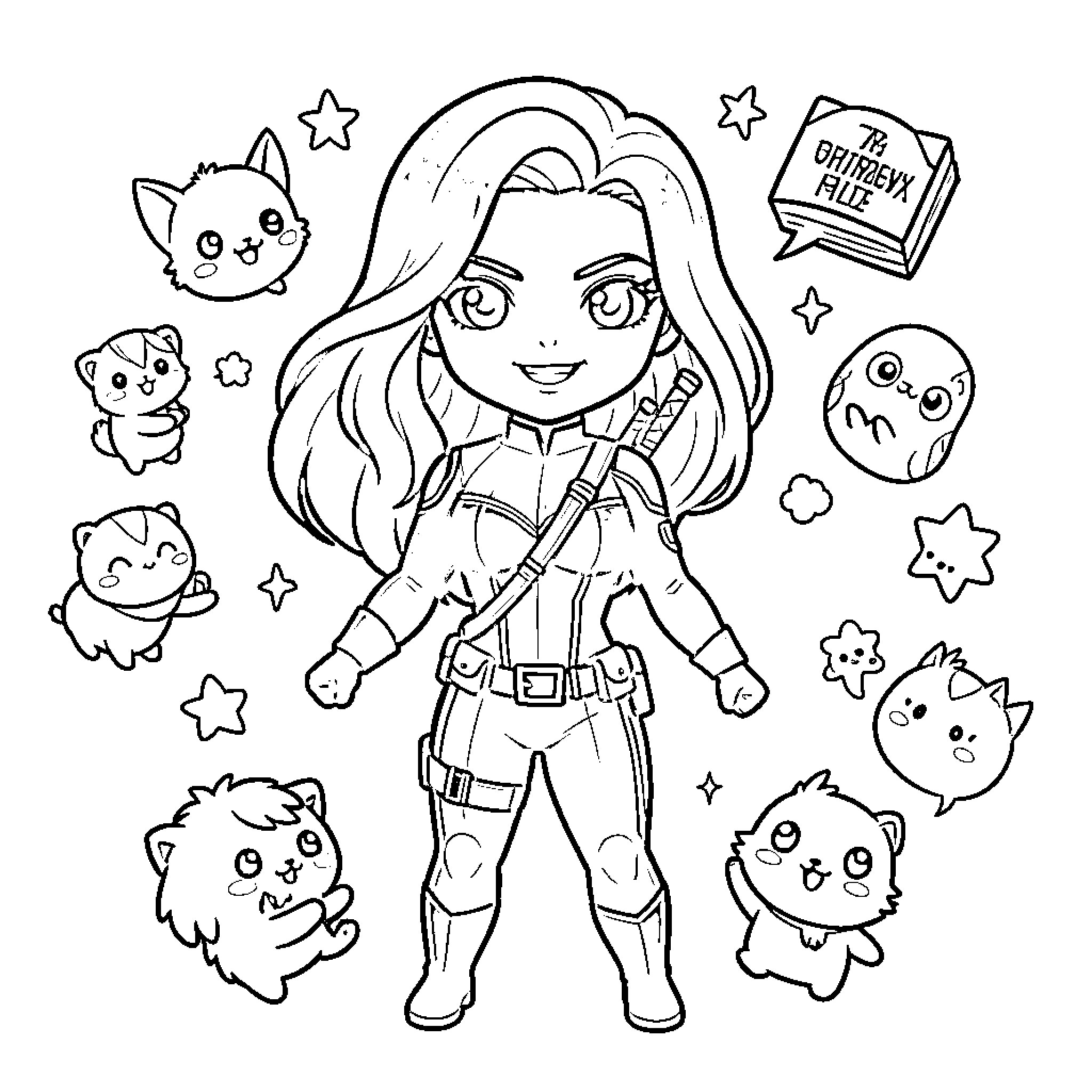 Black Widow in Heroic Adventure with Cute Companions Coloring Page (free black-and-white line drawing printable PDF for all, from beginners to advanced learners, including children, teens, adults, and seniors)