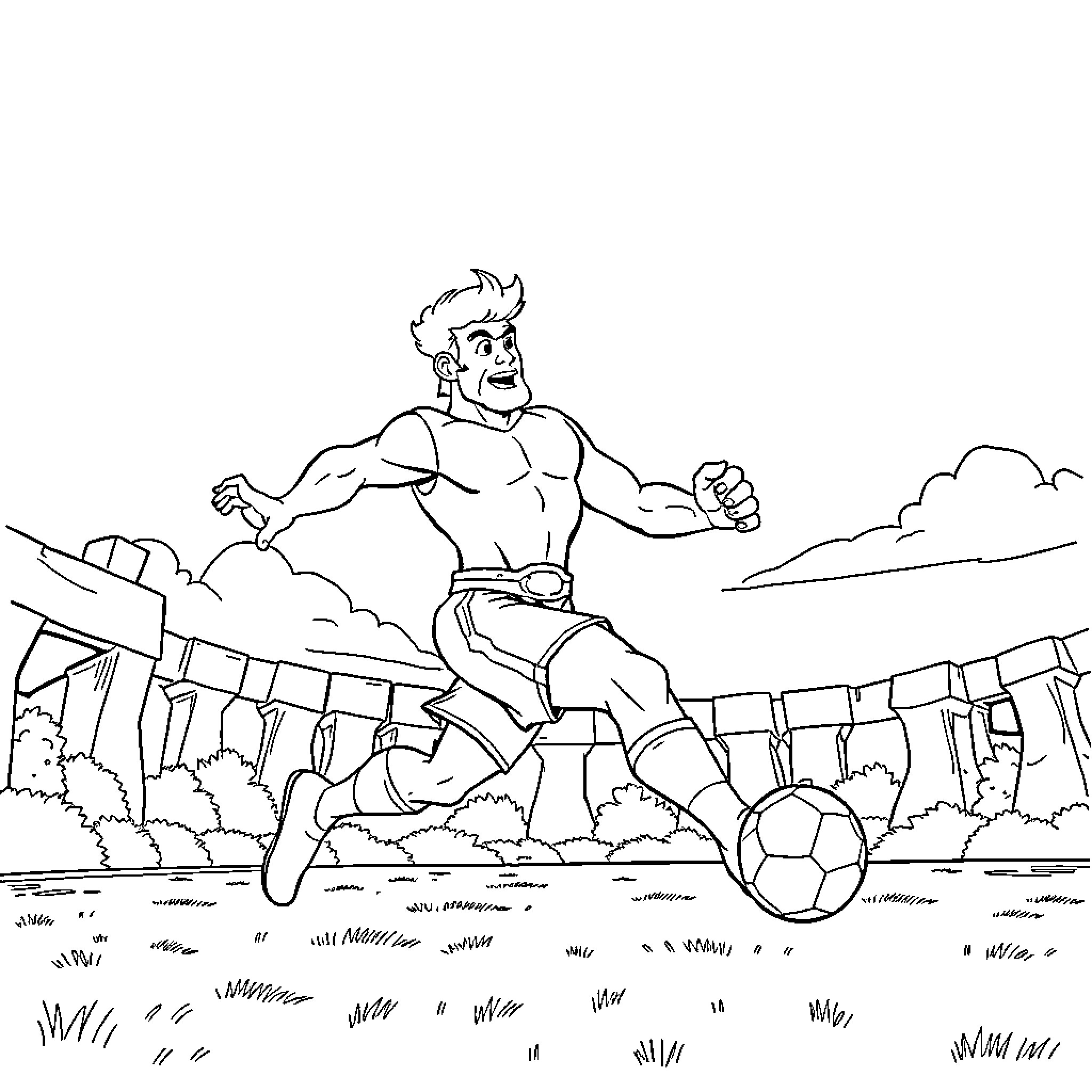 Hercules playing soccer on a sports field Coloring Page (free black-and-white line drawing printable PDF for all, from beginners to advanced learners, including children, teens, adults, and seniors)