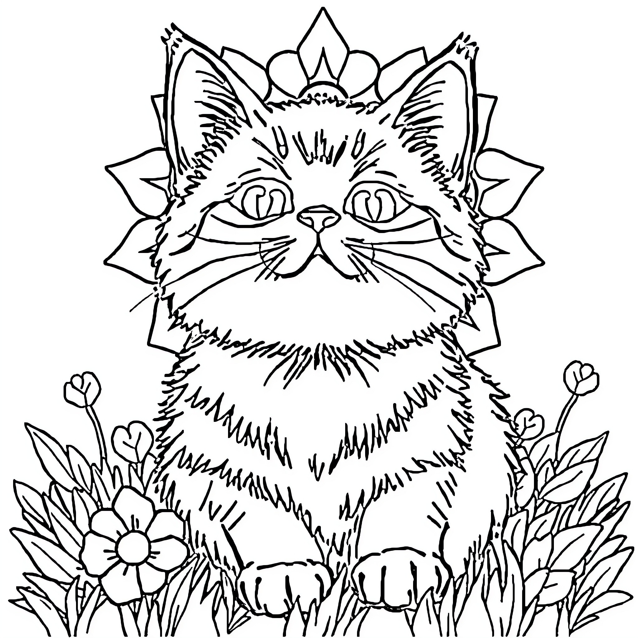 Cat with floral crown in nature Coloring Page (free black-and-white line drawing printable PDF for all, from beginners to advanced learners, including children, teens, adults, and seniors)