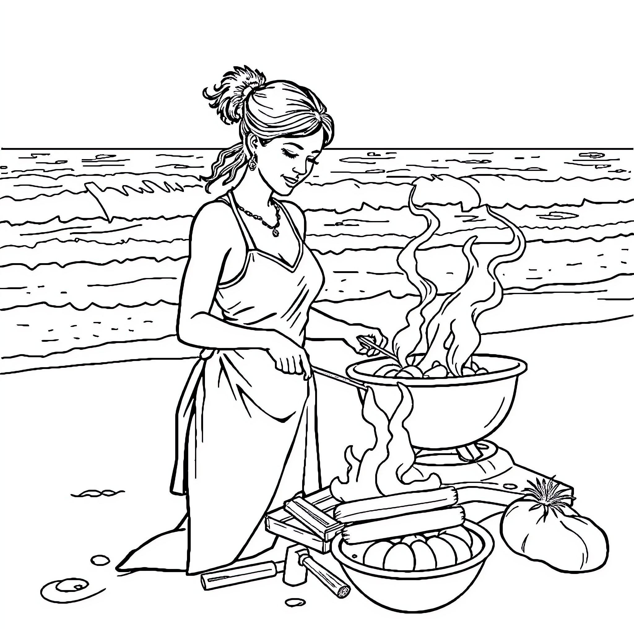 Woman cooking outdoors on the beach Coloring Page (free black-and-white line drawing printable PDF for all, from beginners to advanced learners, including children, teens, adults, and seniors)