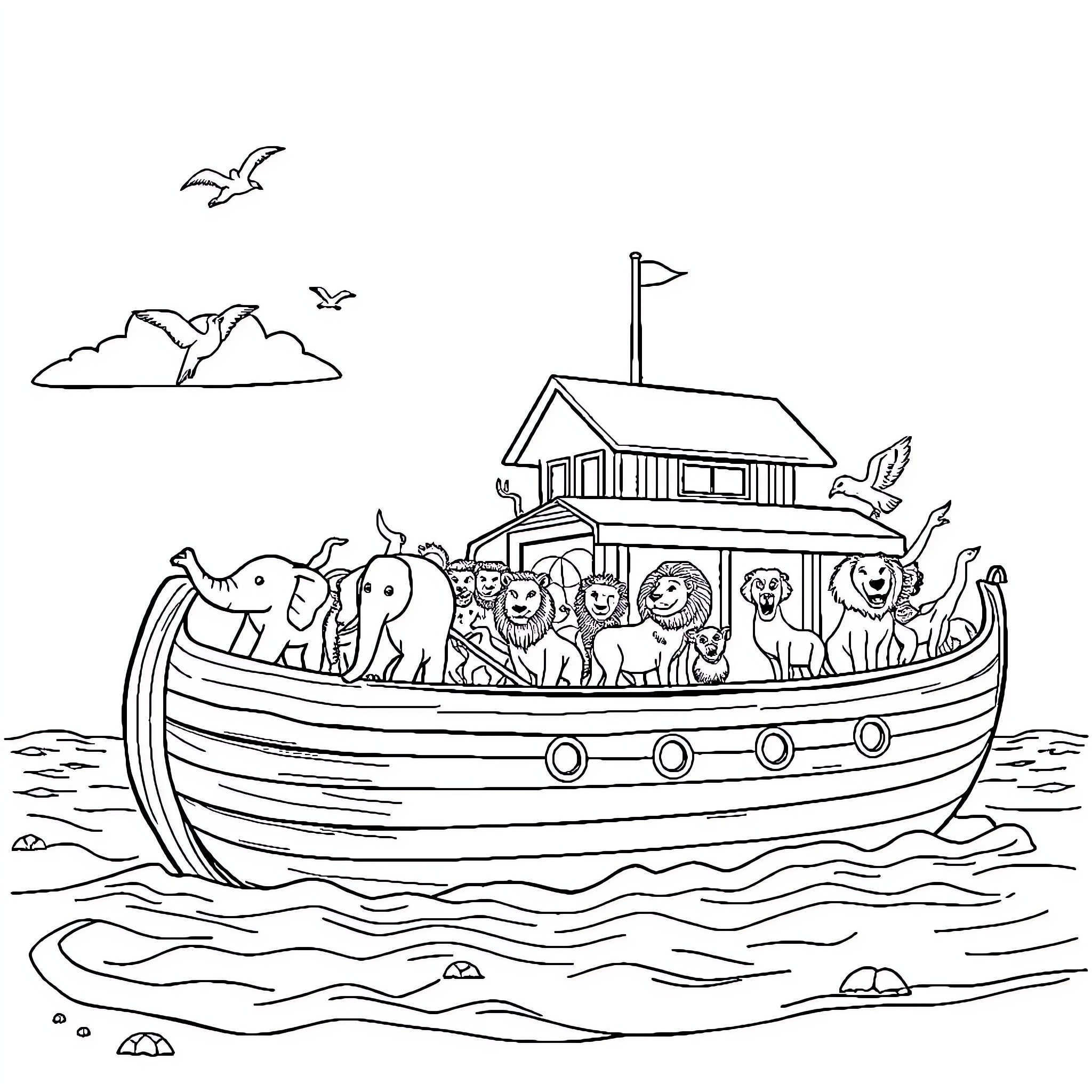 Noah's Ark with diverse animals and passengers Coloring Page (free black-and-white line drawing printable PDF for all, from beginners to advanced learners, including children, teens, adults, and seniors)