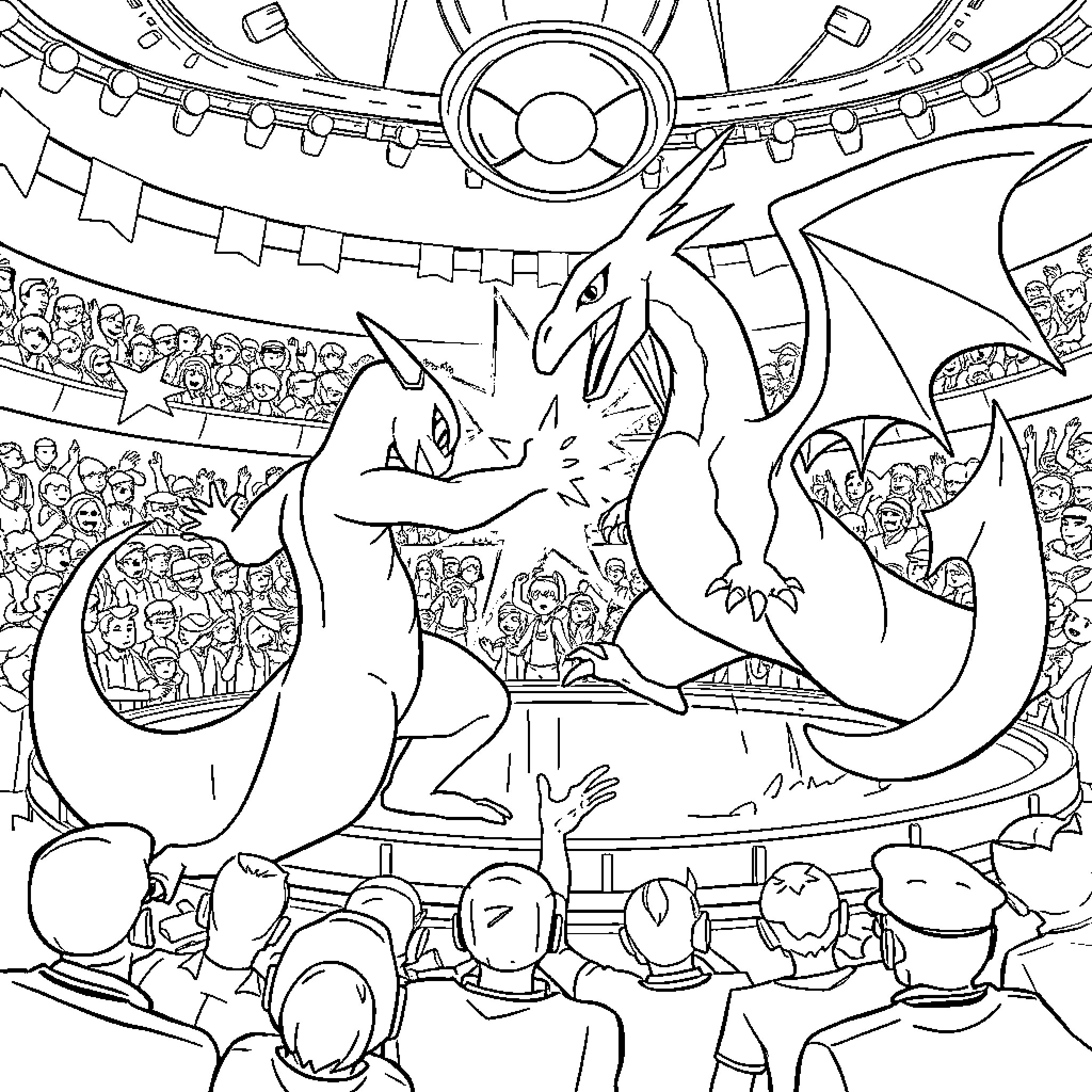 Mewtwo engaging in an epic Pokemon battle Coloring Page (free black-and-white line drawing printable PDF for all, from beginners to advanced learners, including children, teens, adults, and seniors)
