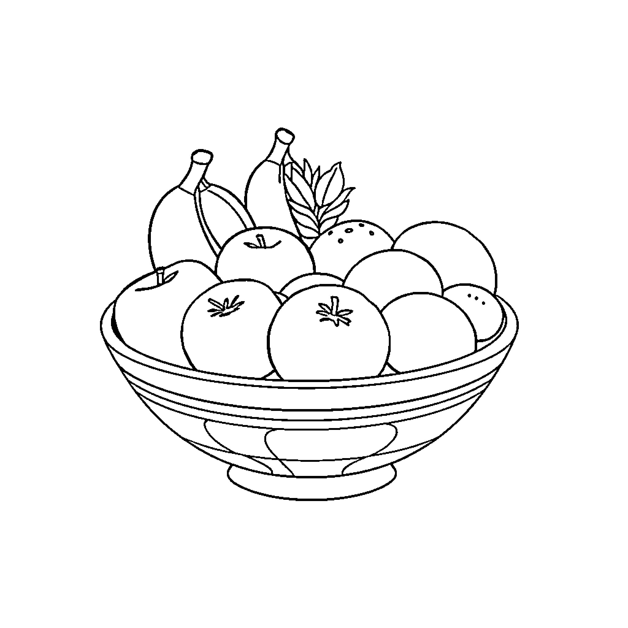 Fruit in a bowl on a table Coloring Page (free black-and-white line drawing printable PDF for all, from beginners to advanced learners, including children, teens, adults, and seniors)