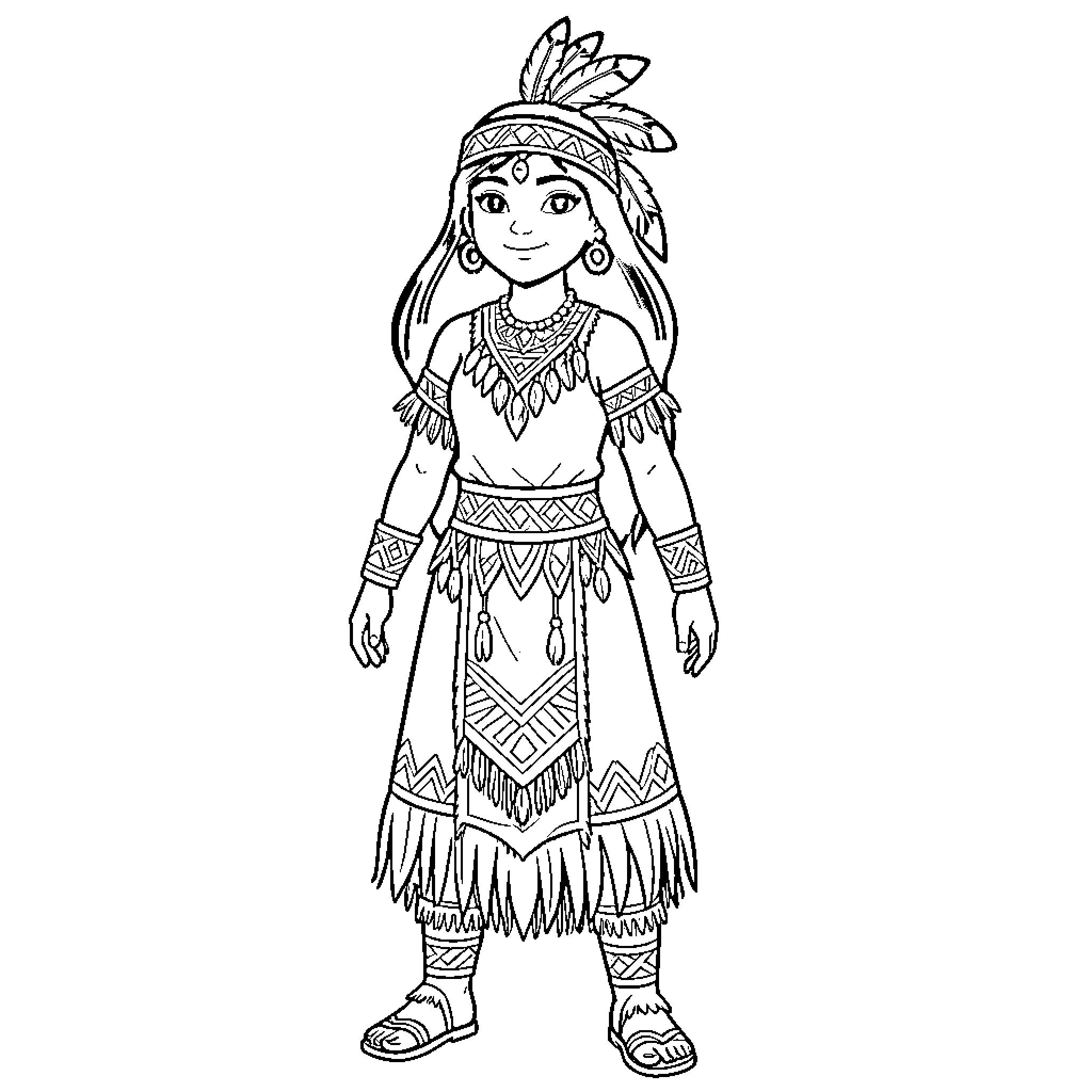 Vaiana wearing traditional tribal attire and a feathered headband Coloring Page (free black-and-white line drawing printable PDF for all, from beginners to advanced learners, including children, teens, adults, and seniors)