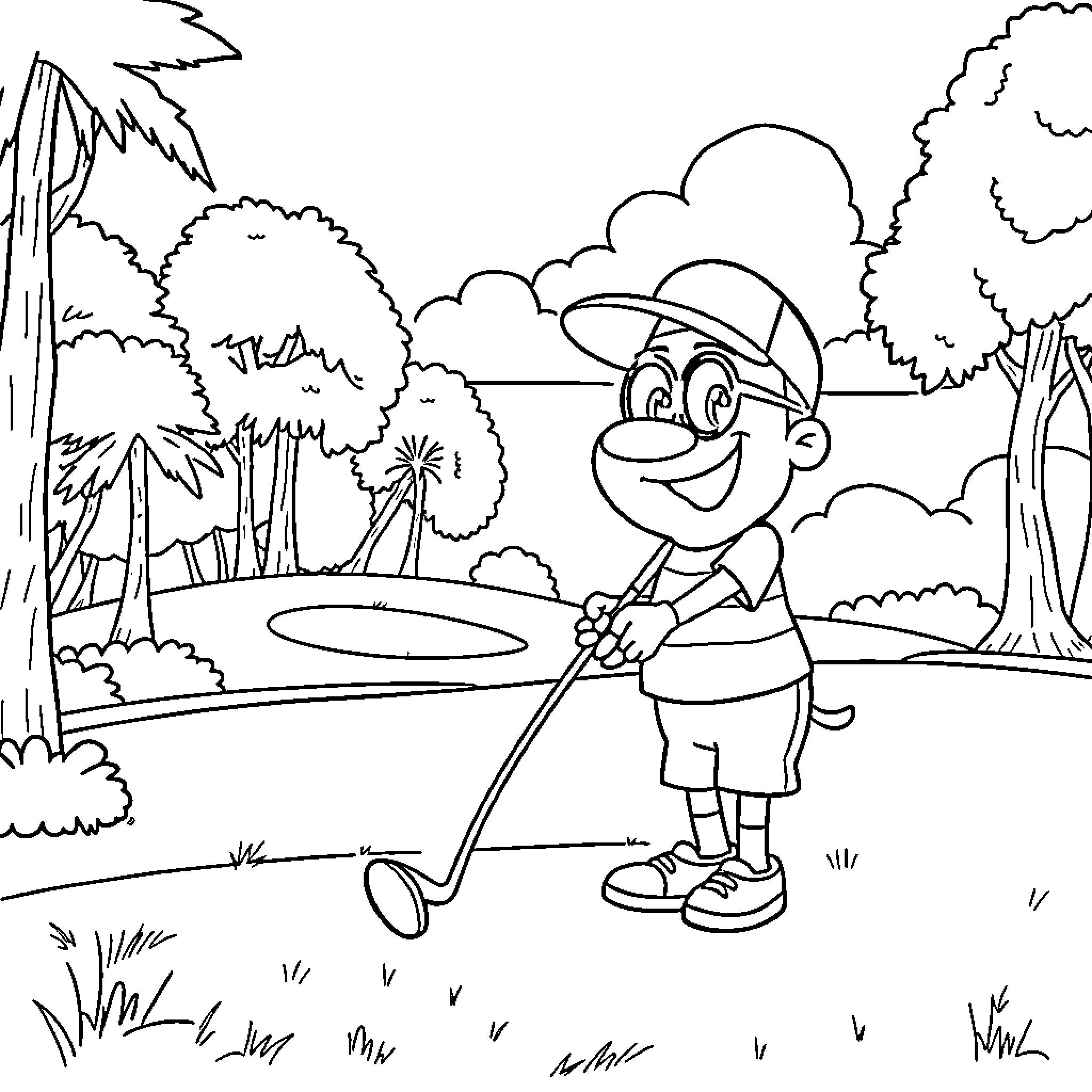 Blippi Exploring Outdoors with His Magnifying Glass Coloring Page (free black-and-white line drawing printable PDF for all, from beginners to advanced learners, including children, teens, adults, and seniors)