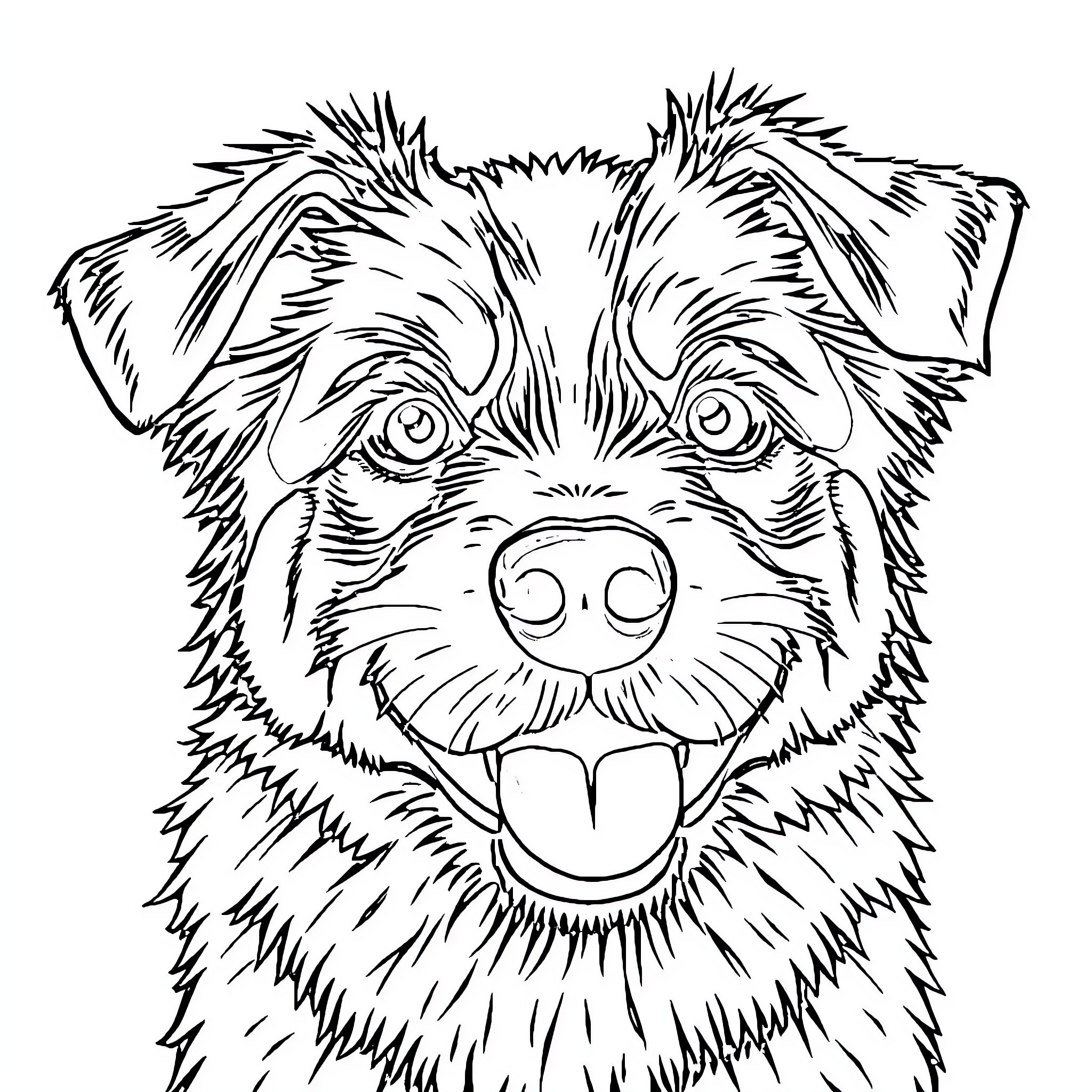 Dog gazing happily with expressive face Coloring Page (free black-and-white line drawing printable PDF for all, from beginners to advanced learners, including children, teens, adults, and seniors)