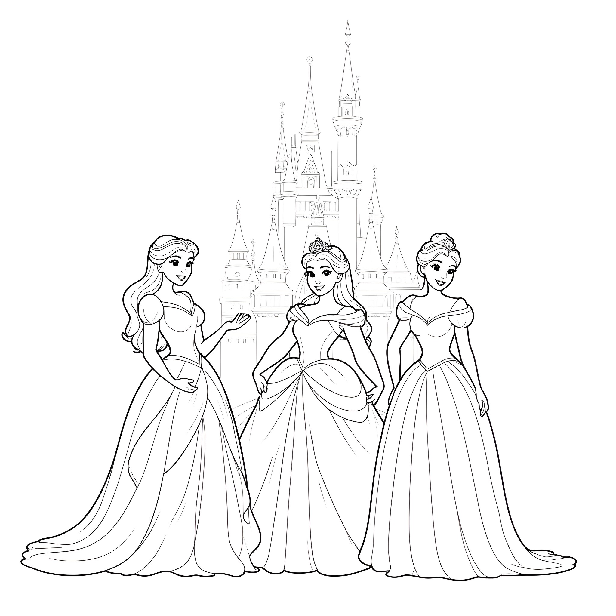 Princess Trio in Elegant Gowns Before Castle Coloring Page (free black-and-white line drawing printable PDF for all, from beginners to advanced learners, including children, teens, adults, and seniors)