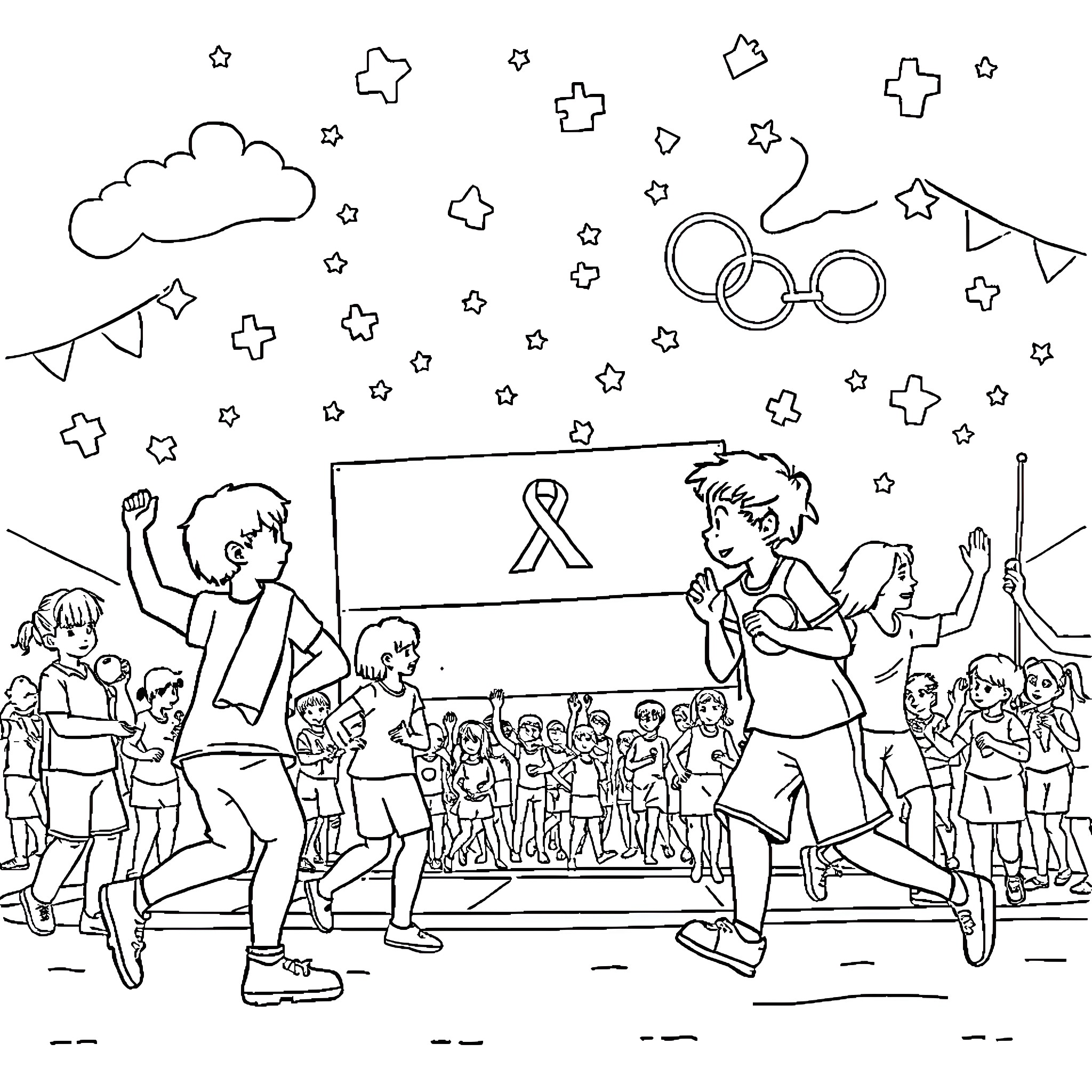 Autism Awareness Celebration with Children Coloring Page (free black-and-white line drawing printable PDF for all, from beginners to advanced learners, including children, teens, adults, and seniors)