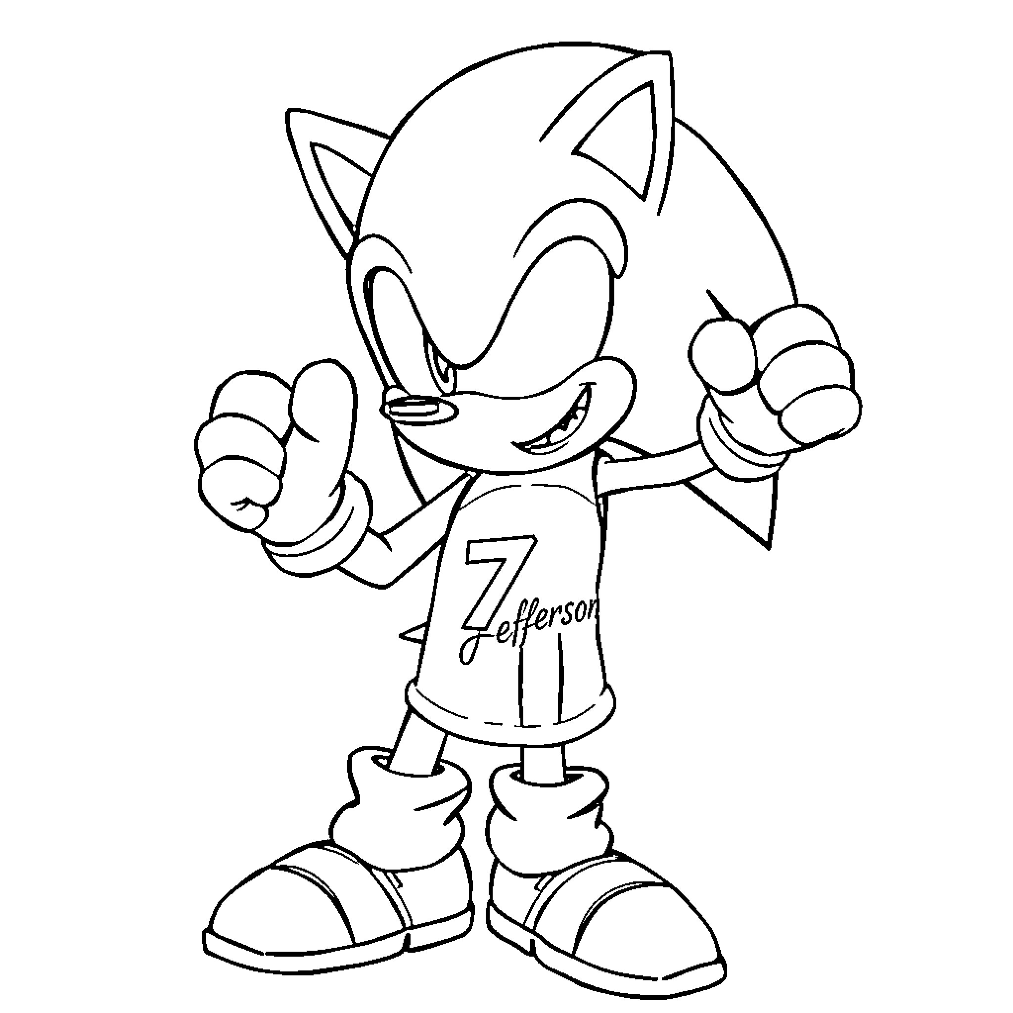 Sonic in sports jersey making excited gesture Coloring Page (free black-and-white line drawing printable PDF for all, from beginners to advanced learners, including children, teens, adults, and seniors)