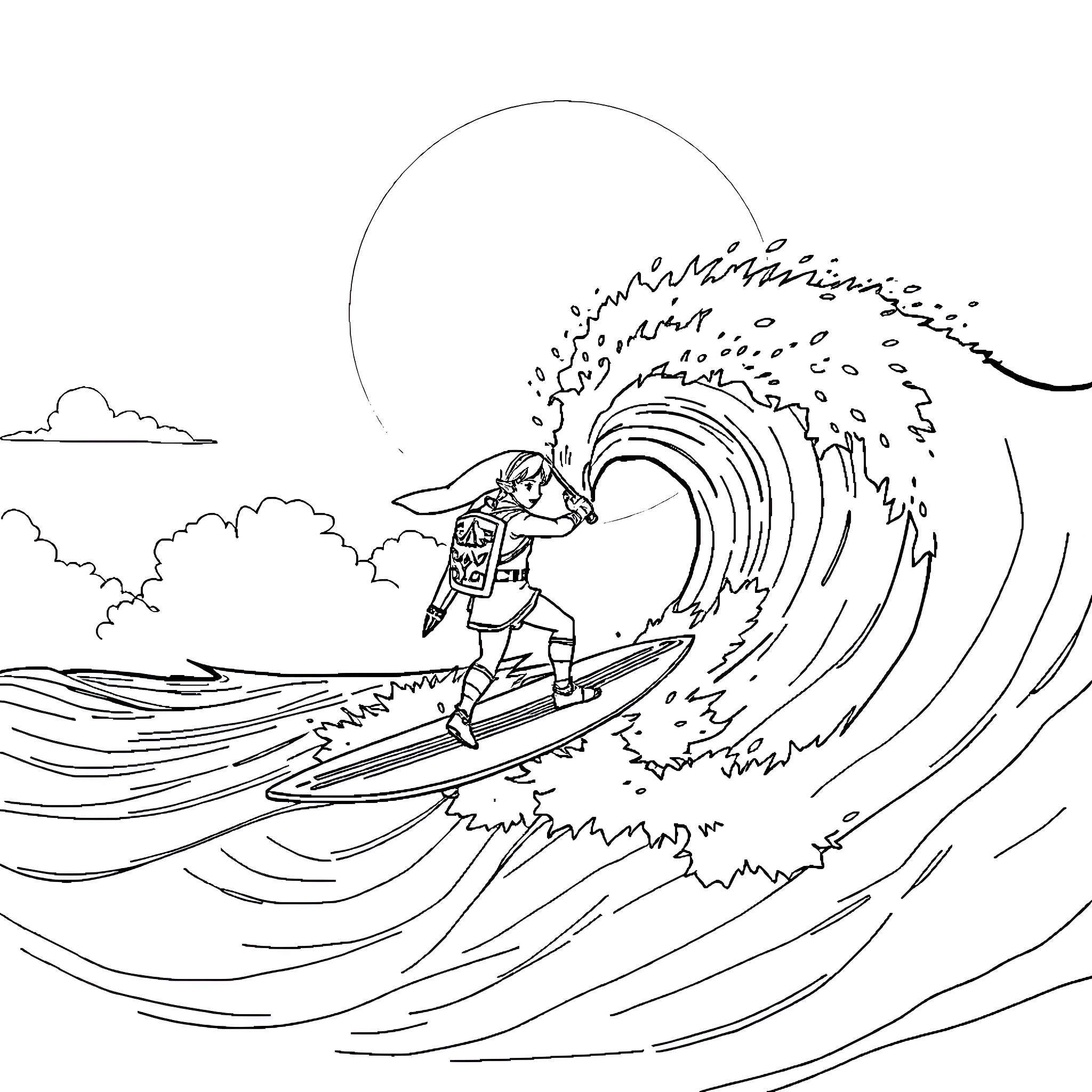 Link Surfing the Mighty Wave Coloring Page (free black-and-white line drawing printable PDF for all, from beginners to advanced learners, including children, teens, adults, and seniors)