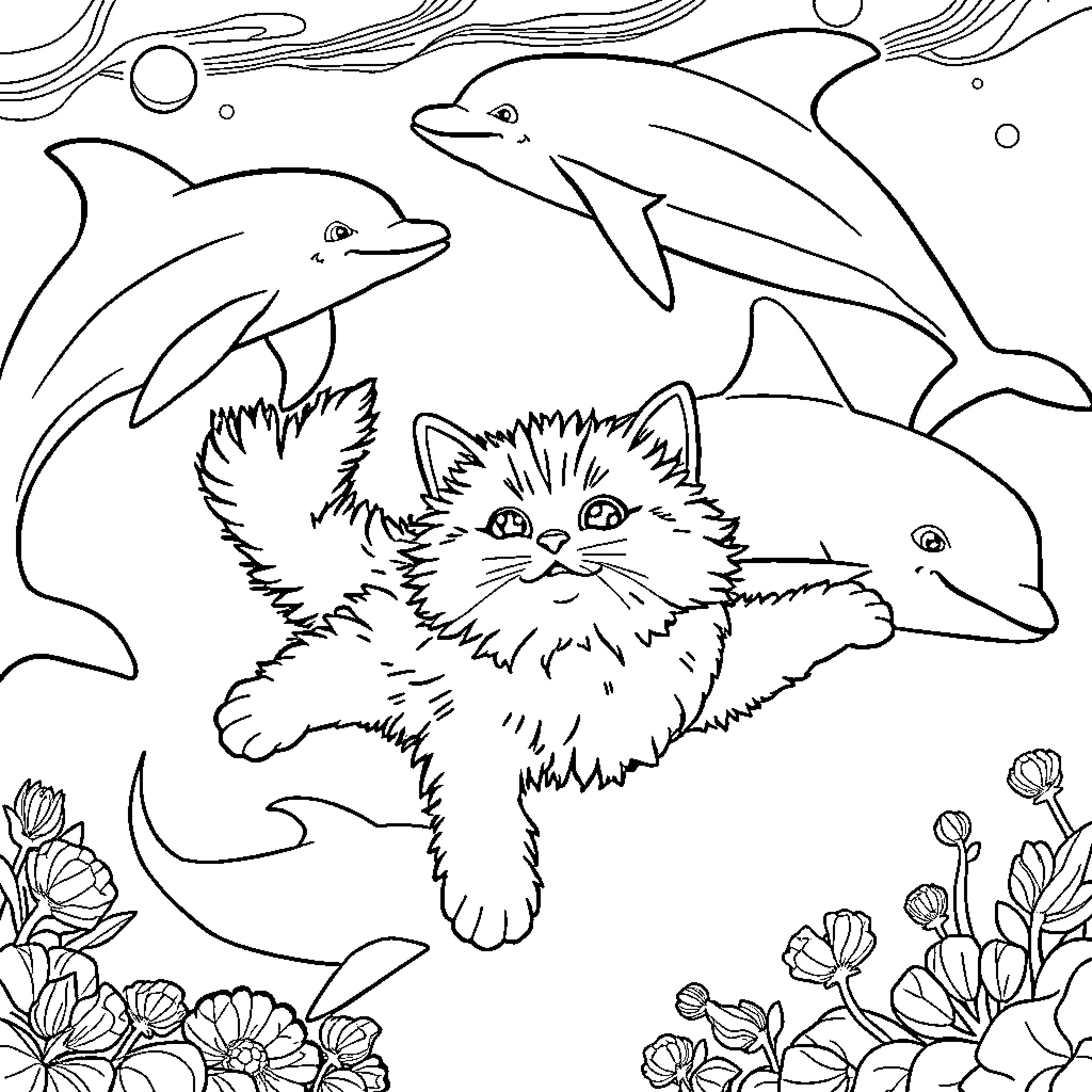 Cat enjoying the underwater adventure with dolphin friends Coloring Page (free black-and-white line drawing printable PDF for all, from beginners to advanced learners, including children, teens, adults, and seniors)