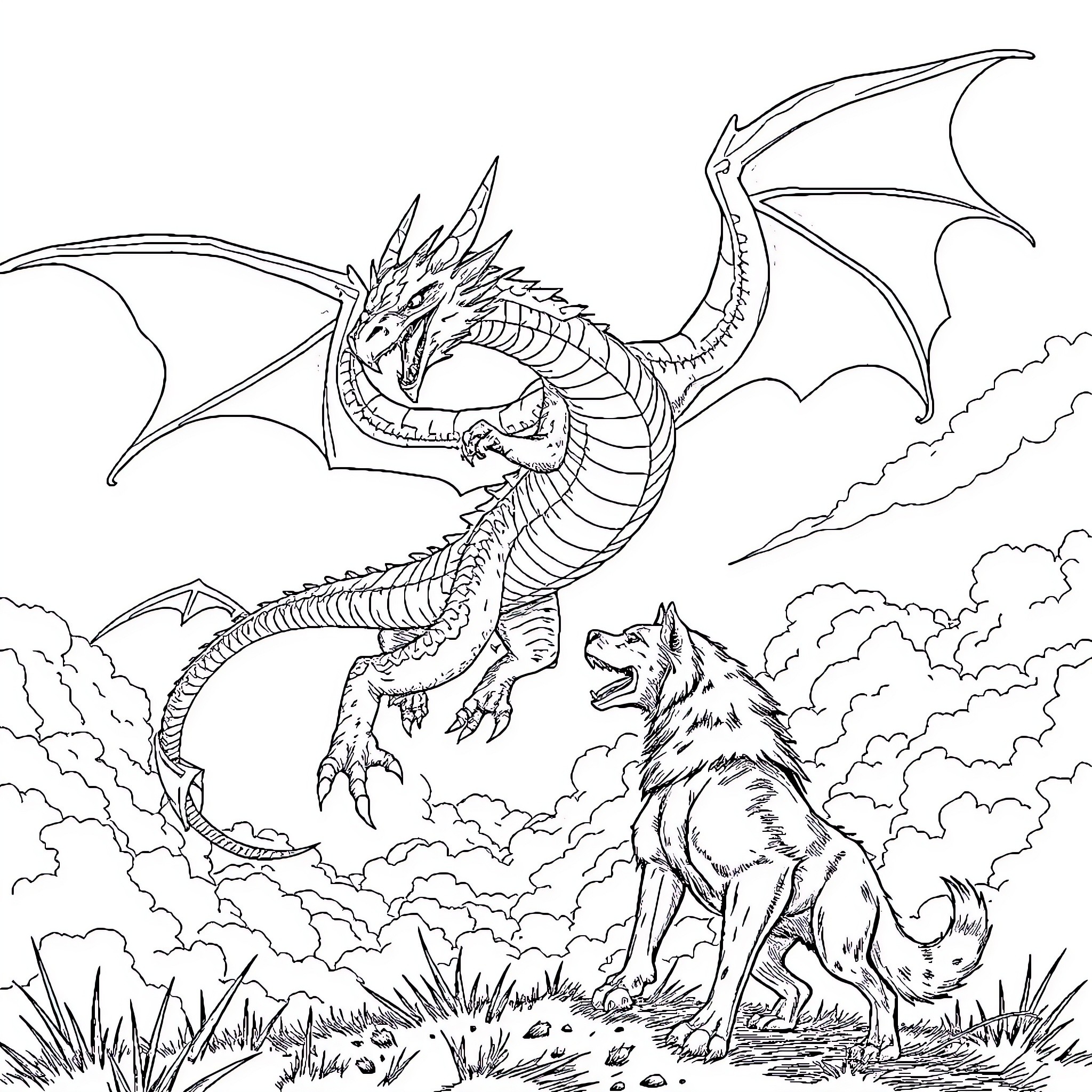 Dragon unleashes its majestic presence in the wild Coloring Page (free black-and-white line drawing printable PDF for all, from beginners to advanced learners, including children, teens, adults, and seniors)