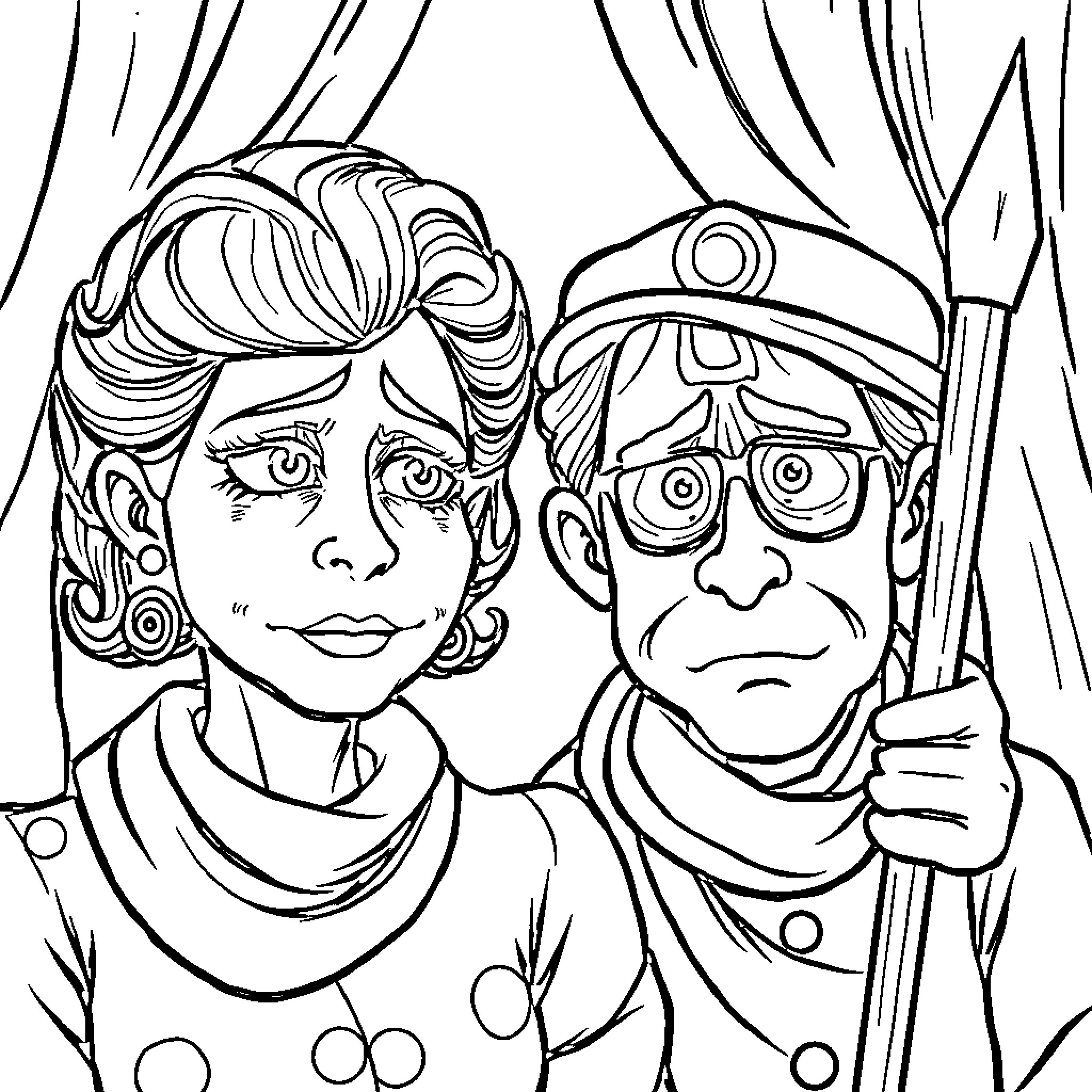 Helga and the Curious Companion Coloring Page (free black-and-white line drawing printable PDF for all, from beginners to advanced learners, including children, teens, adults, and seniors)