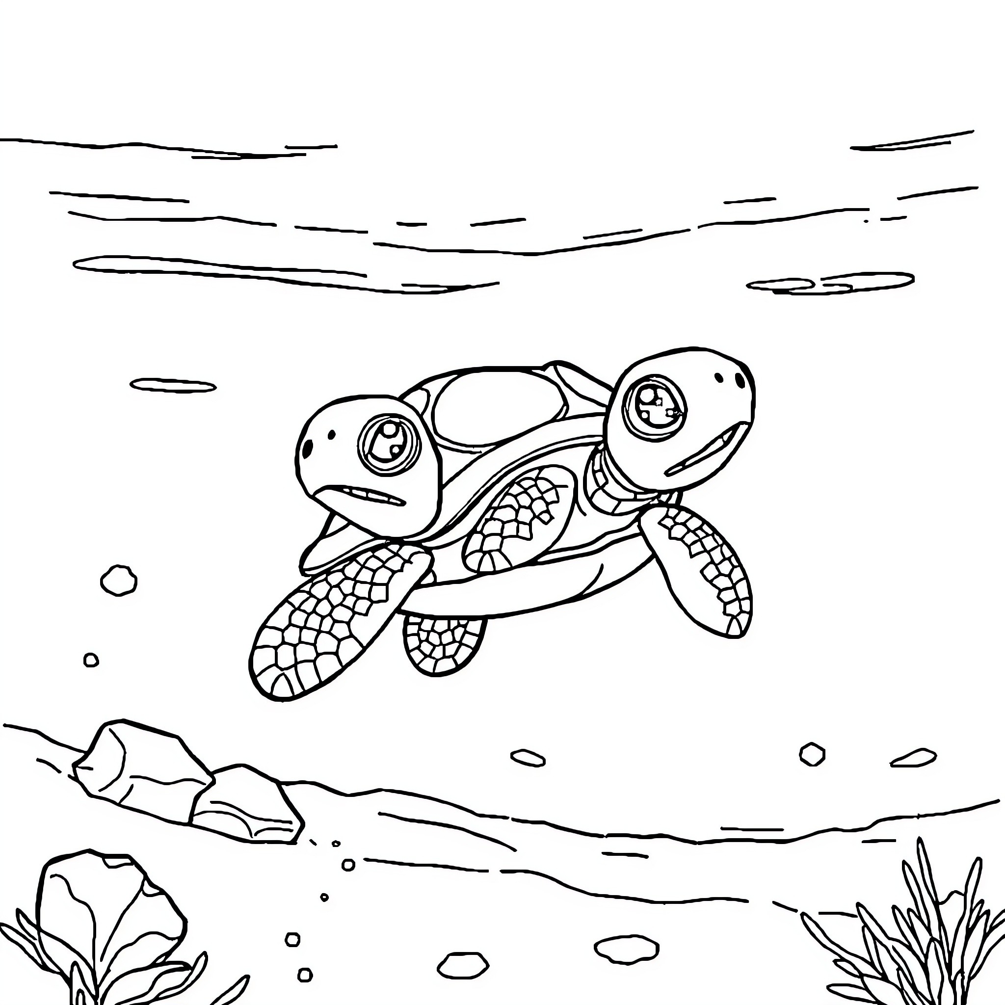 Squirtle swimming underwater in the ocean Coloring Page (free black-and-white line drawing printable PDF for all, from beginners to advanced learners, including children, teens, adults, and seniors)