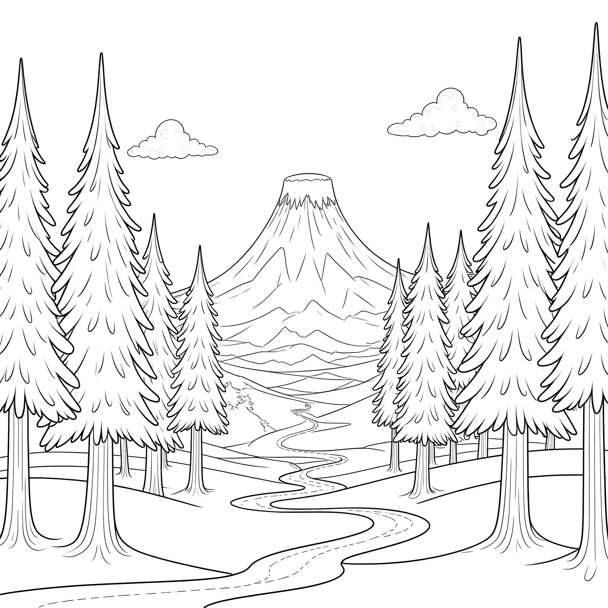 Forest scene with mountain and winding path Coloring Page (free black-and-white line drawing printable PDF for all, from beginners to advanced learners, including children, teens, adults, and seniors)