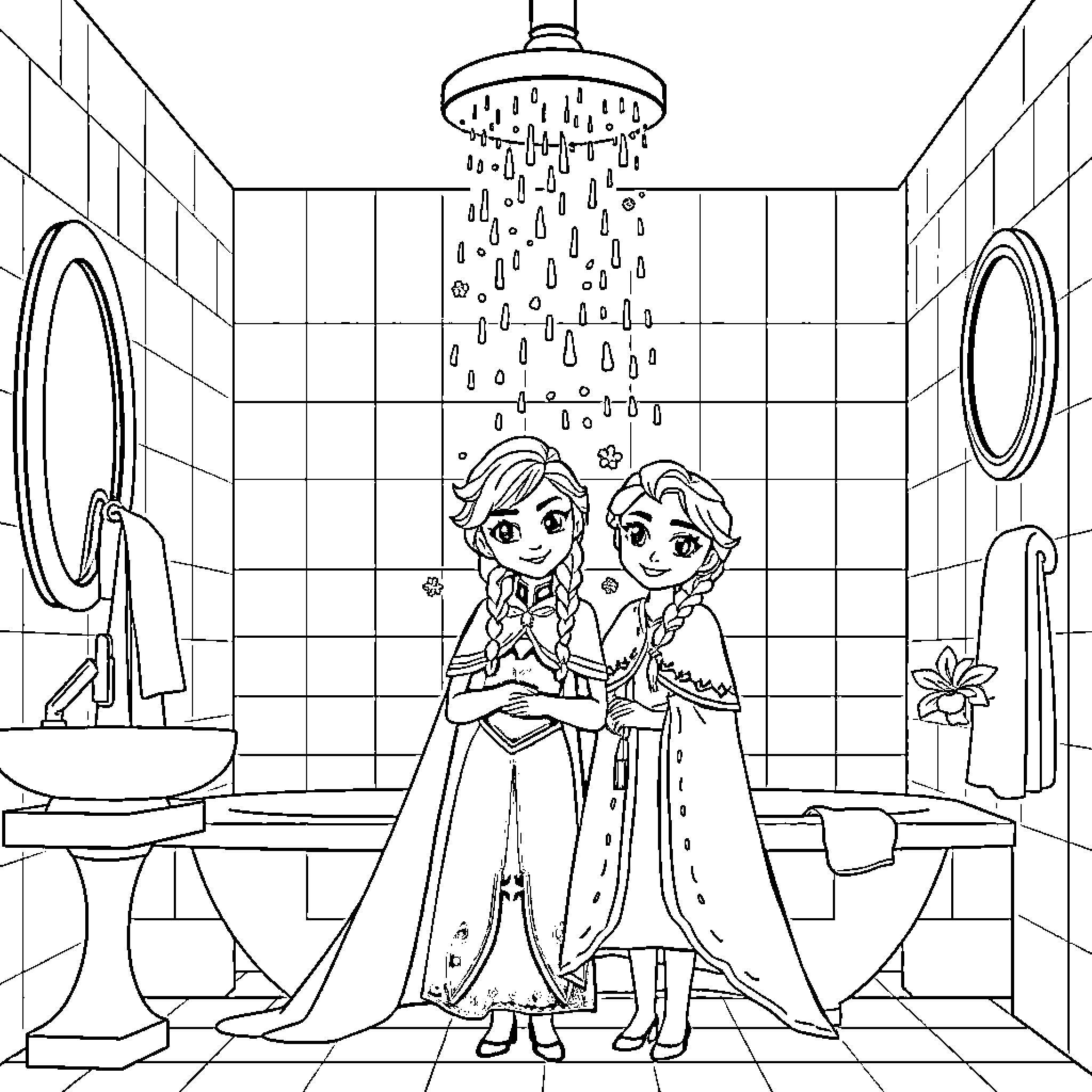 Elsa and Anna enjoying a spa day in the bathroom Coloring Page (free black-and-white line drawing printable PDF for all, from beginners to advanced learners, including children, teens, adults, and seniors)