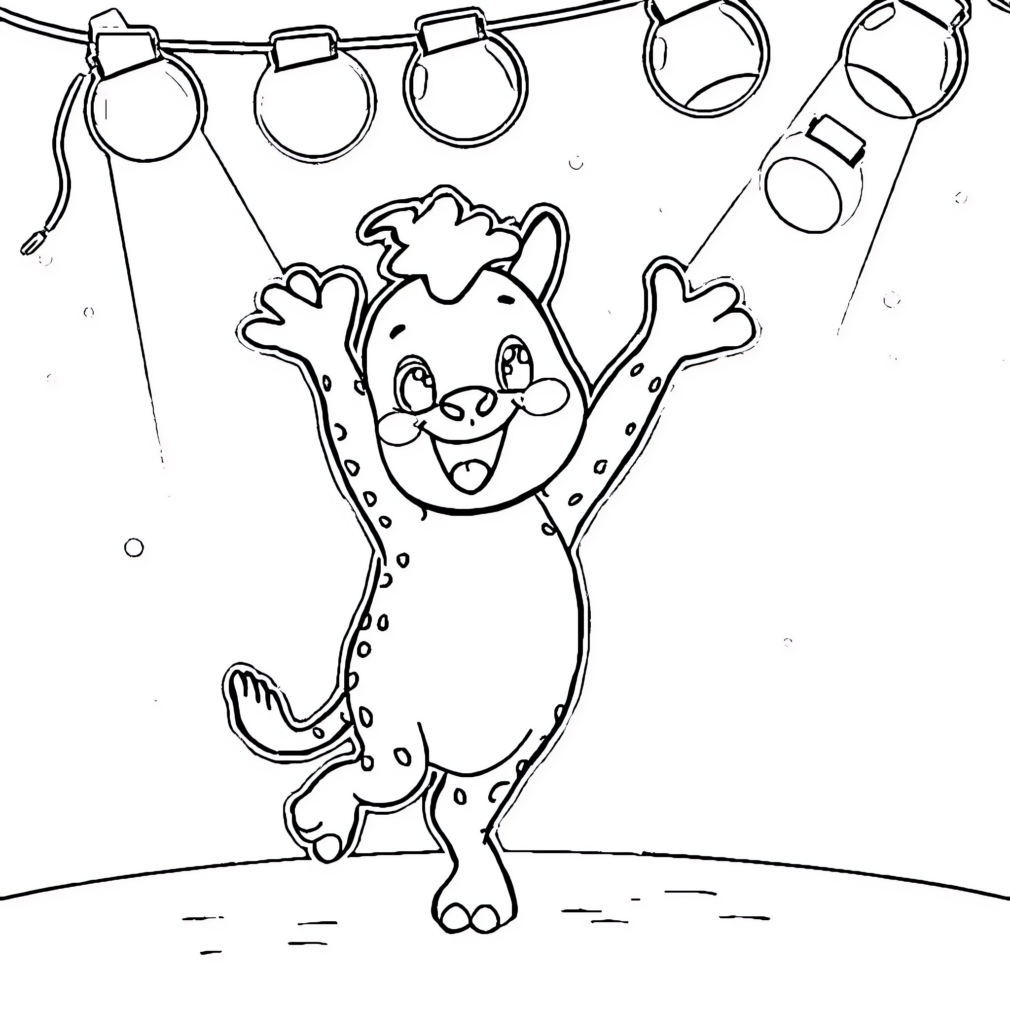 Labubu dancing happily under festive lights Coloring Page (free black-and-white line drawing printable PDF for all, from beginners to advanced learners, including children, teens, adults, and seniors)