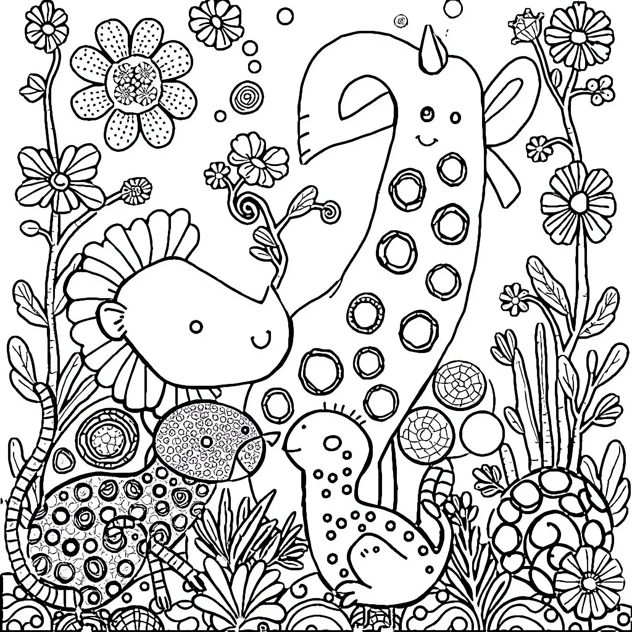Animal fanciful creatures playing in vibrant floral garden Coloring Page (free black-and-white line drawing printable PDF for all, from beginners to advanced learners, including children, teens, adults, and seniors)