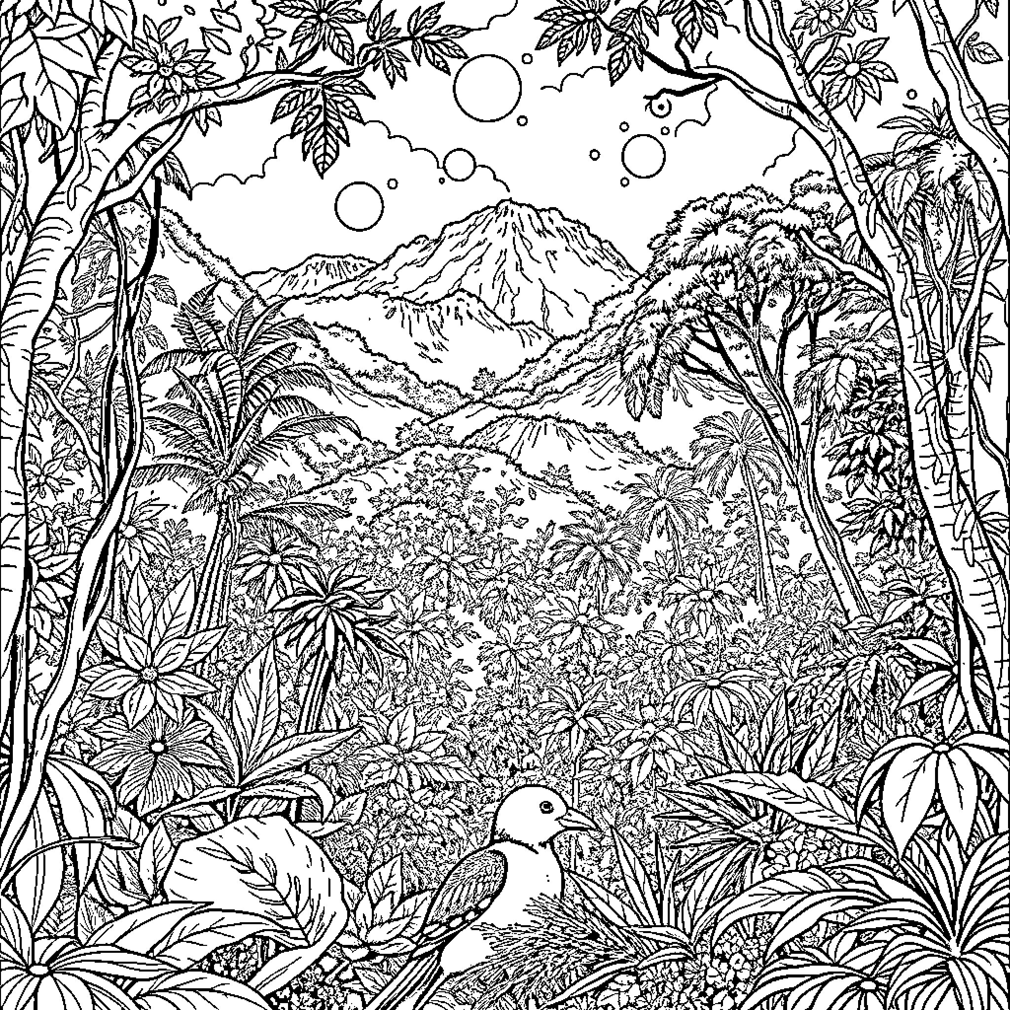 Forest Landscape with Mountain Peaks and Tropical Foliage Coloring Page (free black-and-white line drawing printable PDF for all, from beginners to advanced learners, including children, teens, adults, and seniors)