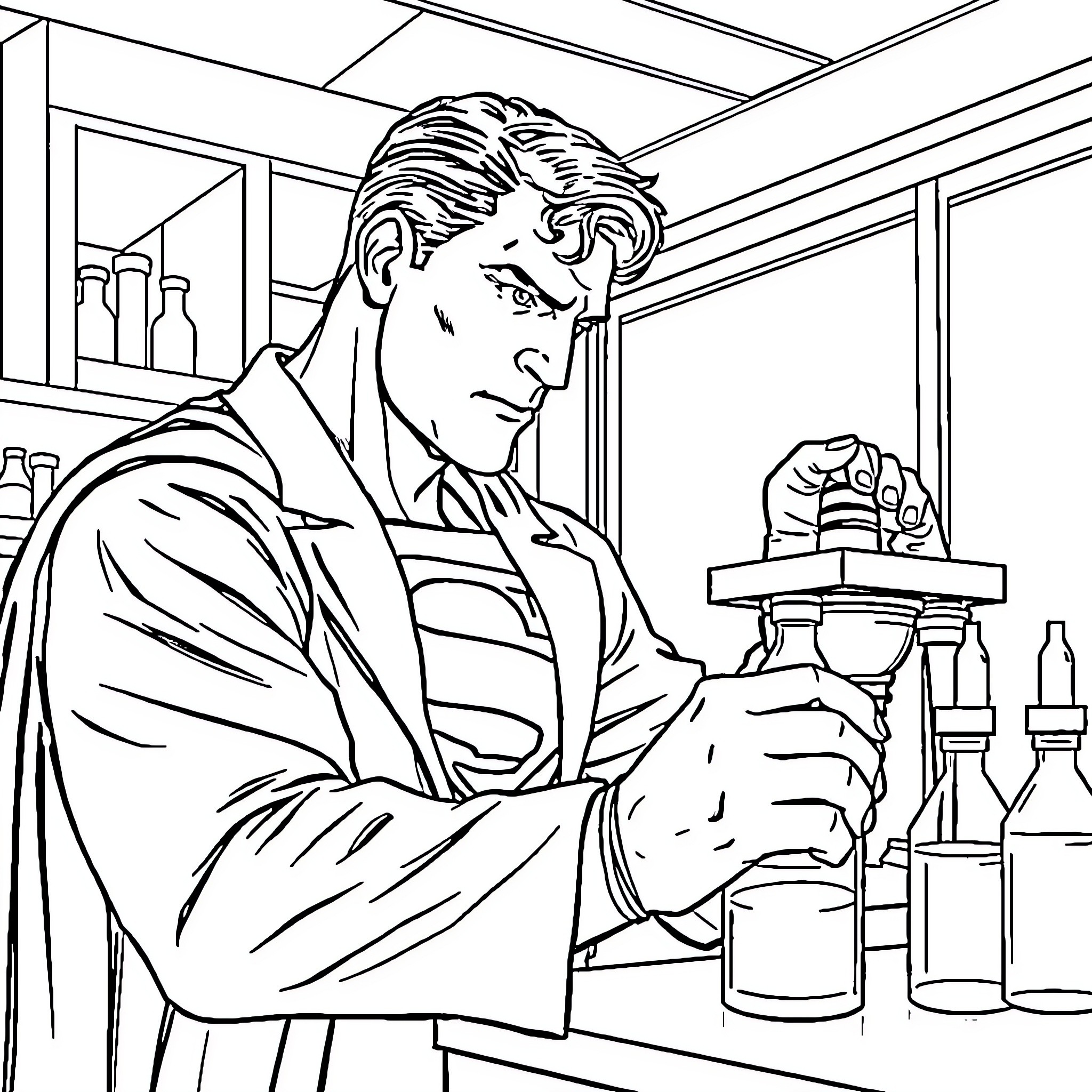 Superman working diligently in his lab Coloring Page (free black-and-white line drawing printable PDF for all, from beginners to advanced learners, including children, teens, adults, and seniors)