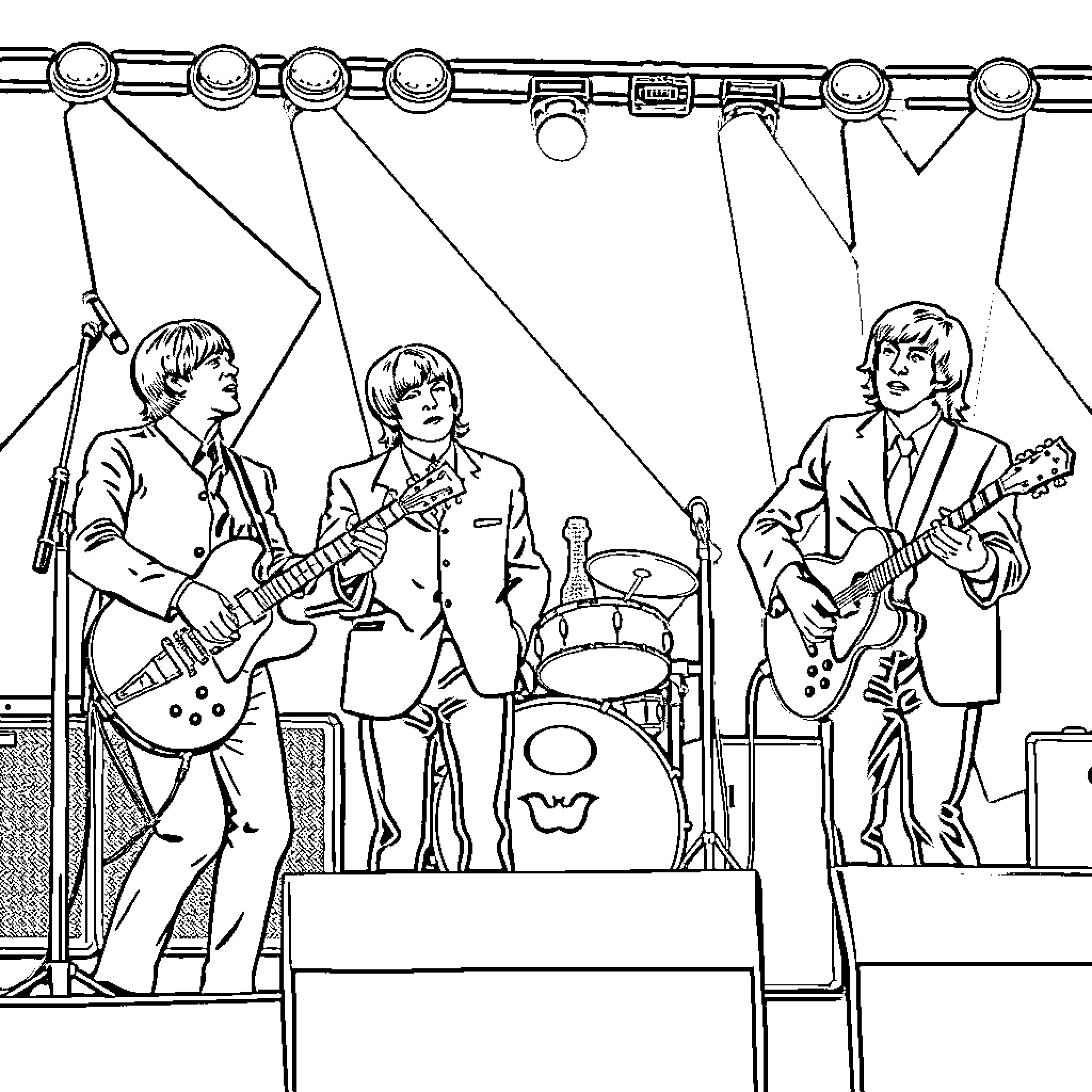 The Beatles performing on stage with guitars Coloring Page (free black-and-white line drawing printable PDF for all, from beginners to advanced learners, including children, teens, adults, and seniors)