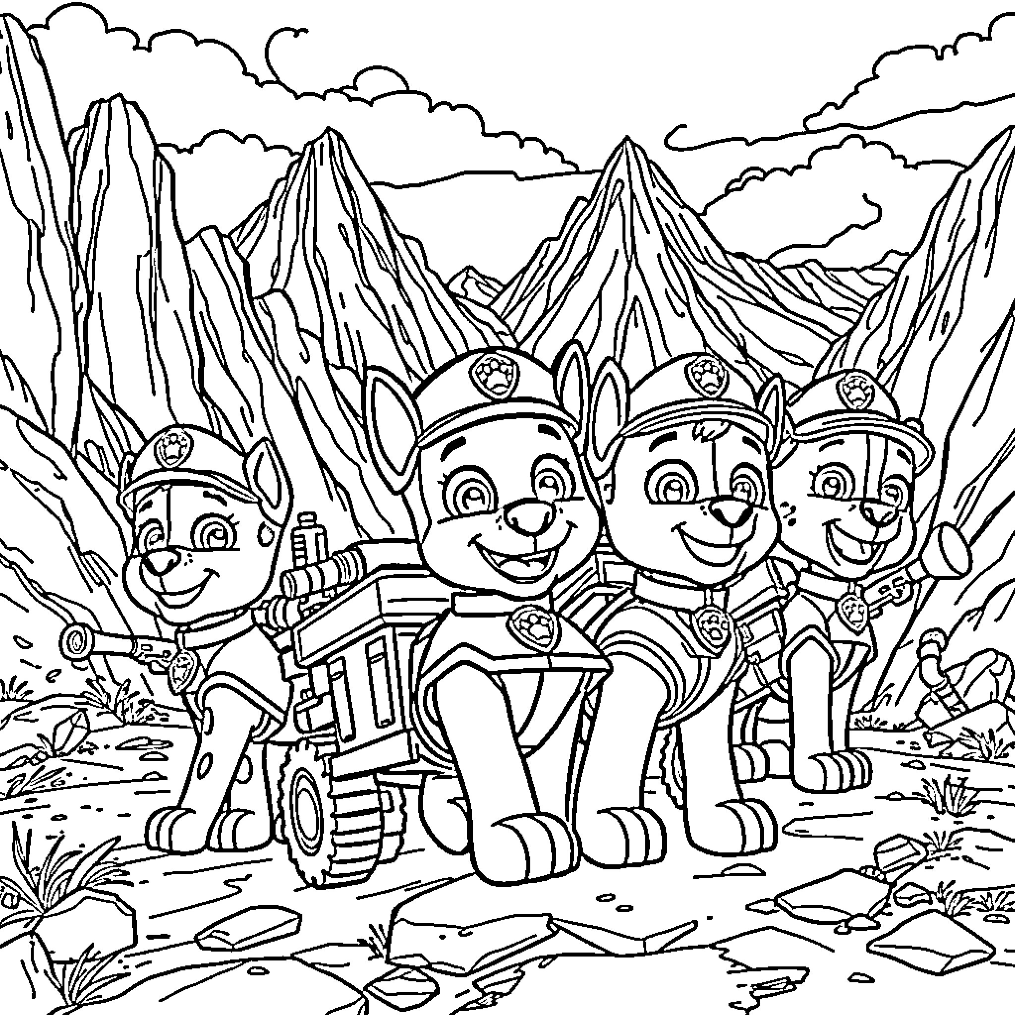 Paw Patrol Rescue Team Adventure in the Mountains Coloring Page (free black-and-white line drawing printable PDF for all, from beginners to advanced learners, including children, teens, adults, and seniors)