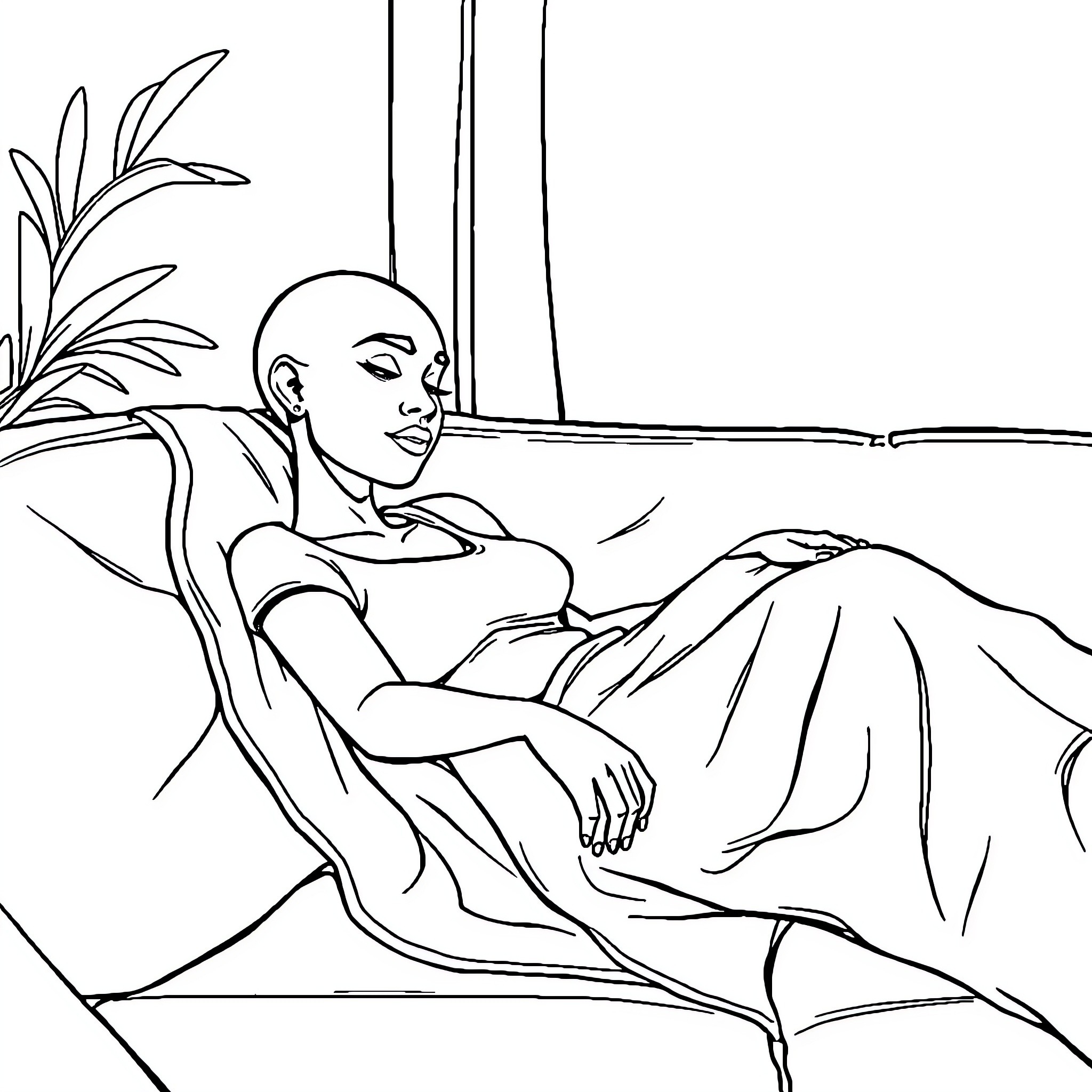 Woman resting comfortably on a chaise lounge Coloring Page (free black-and-white line drawing printable PDF for all, from beginners to advanced learners, including children, teens, adults, and seniors)