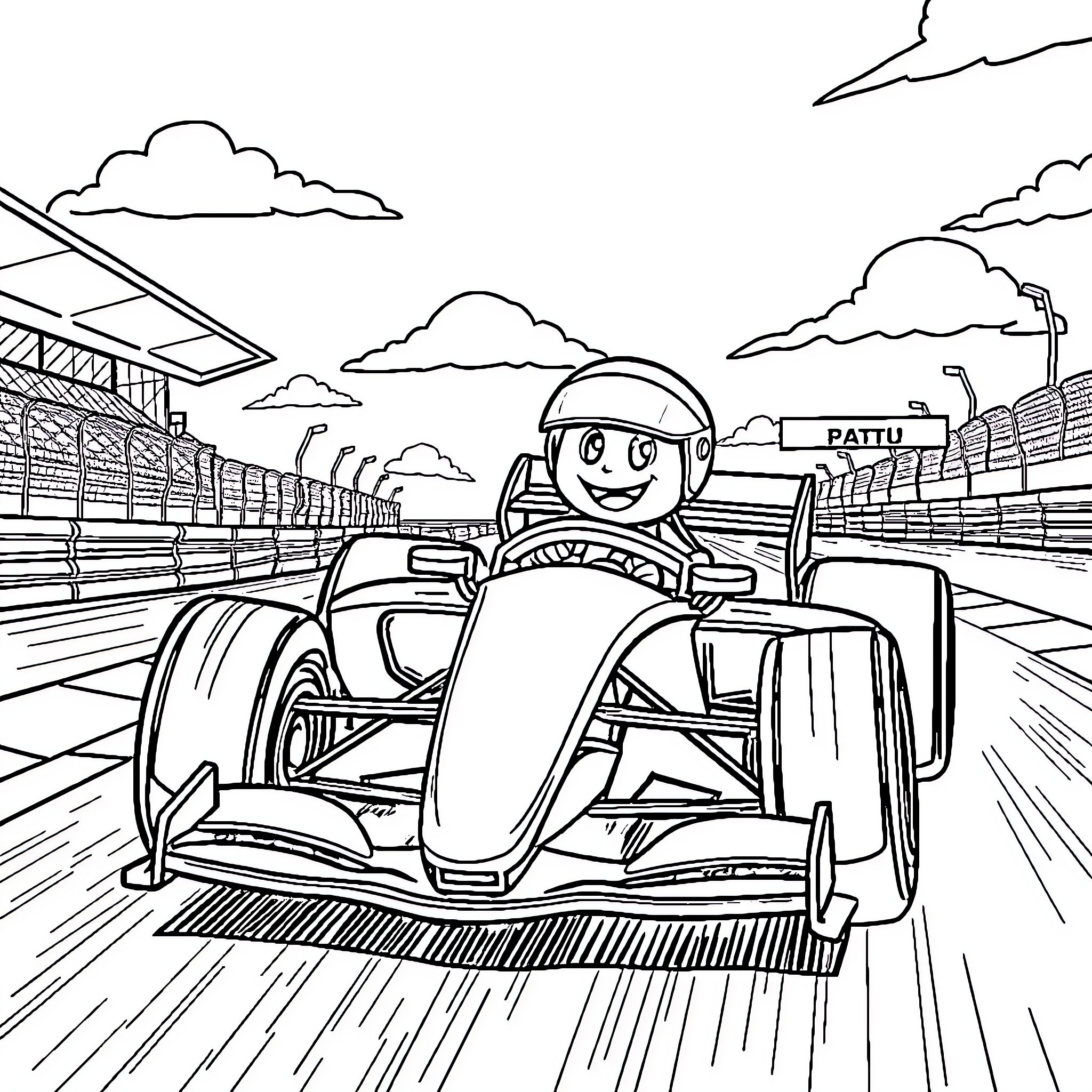 Bluey's Racing Adventure on the Track Coloring Page (free black-and-white line drawing printable PDF for all, from beginners to advanced learners, including children, teens, adults, and seniors)