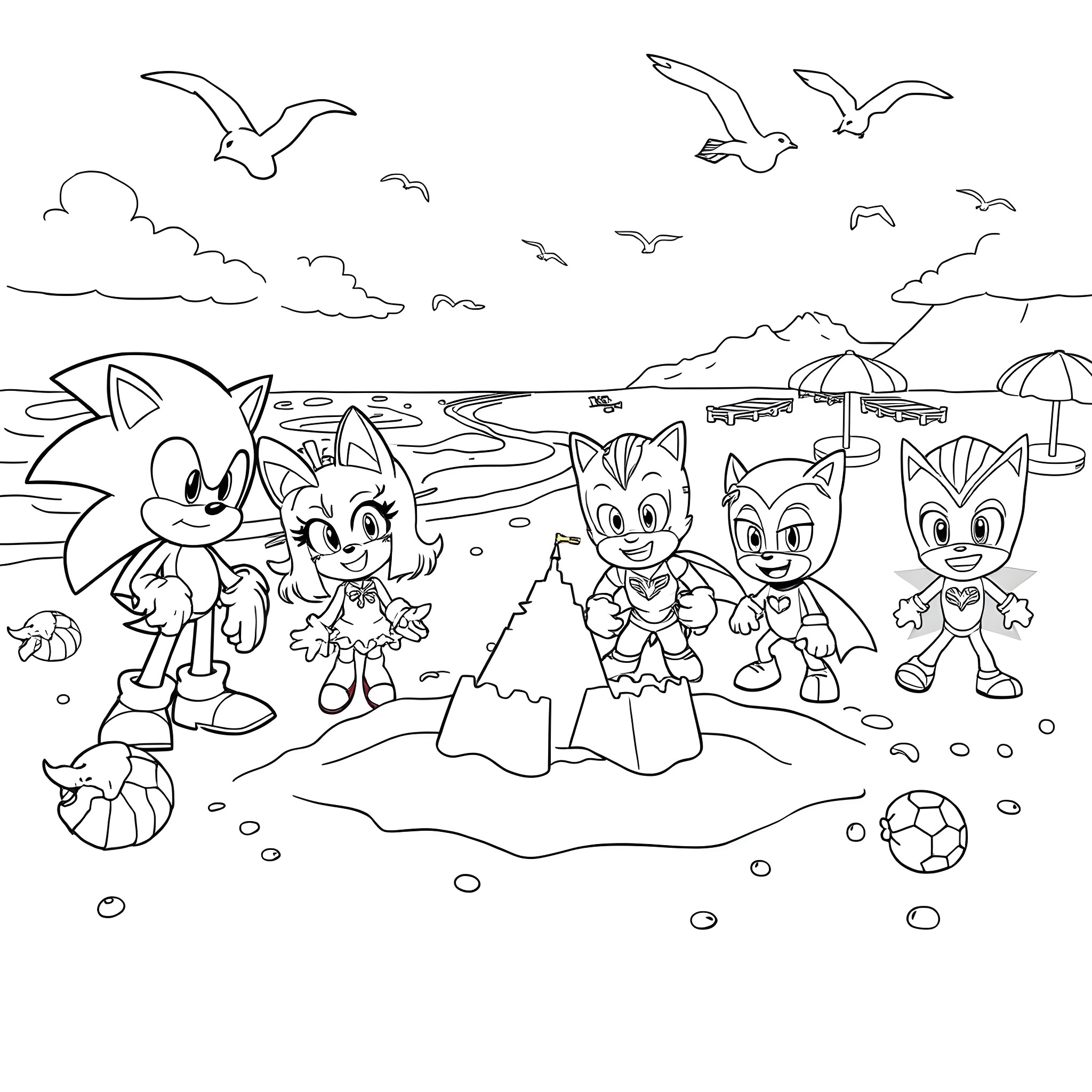 Sonic and Friends' Fun Beach Day Coloring Page (free black-and-white line drawing printable PDF for all, from beginners to advanced learners, including children, teens, adults, and seniors)