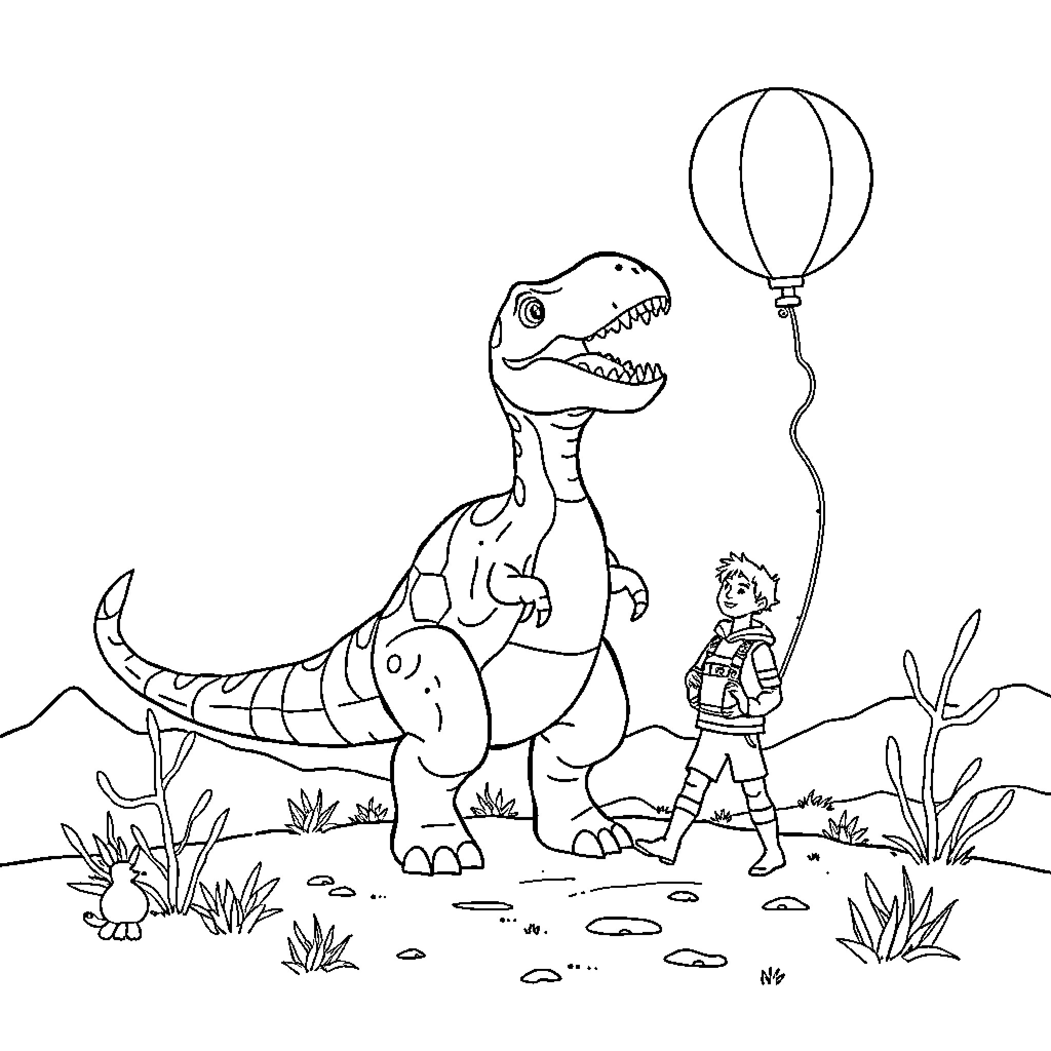 Dinosaur playing with human child in nature Coloring Page (free black-and-white line drawing printable PDF for all, from beginners to advanced learners, including children, teens, adults, and seniors)