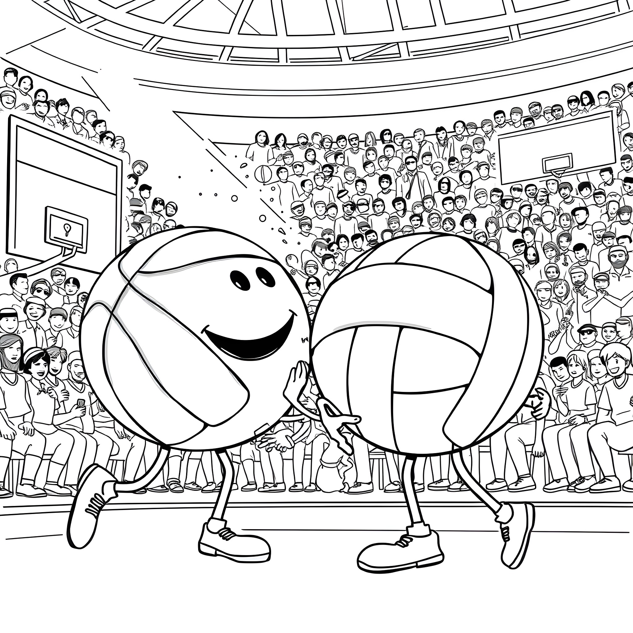 Basketball Cheerful Players Celebrating in Court Coloring Page (free black-and-white line drawing printable PDF for all, from beginners to advanced learners, including children, teens, adults, and seniors)