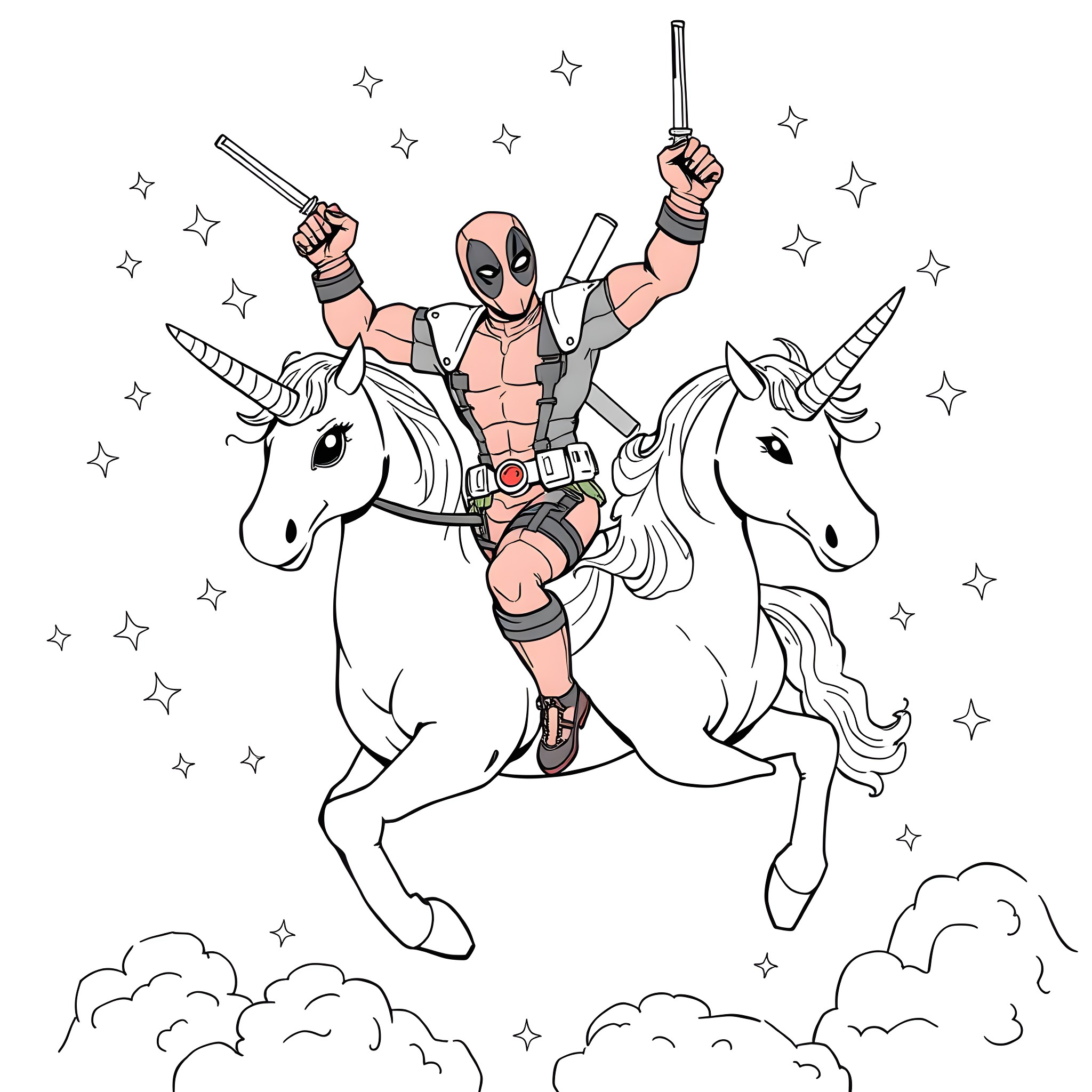Deadpool riding unicorns and wielding weapons in the stars Coloring Page (free black-and-white line drawing printable PDF for all, from beginners to advanced learners, including children, teens, adults, and seniors)