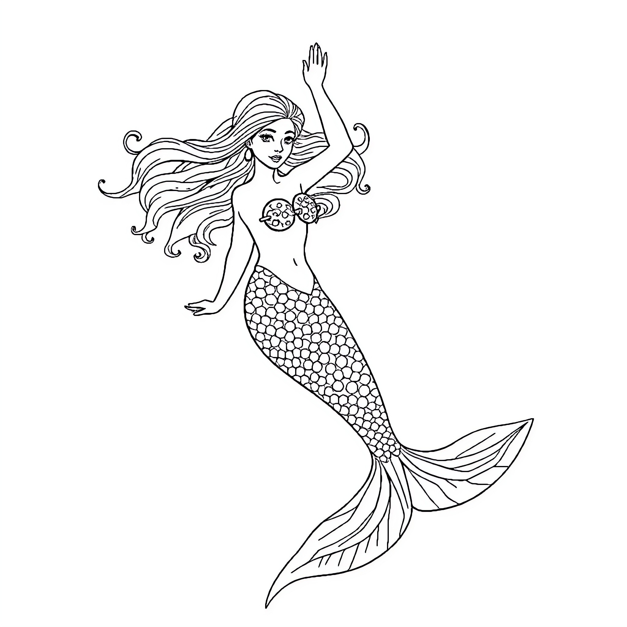 Mermaid dancing joyfully in the ocean Coloring Page (free black-and-white line drawing printable PDF for all, from beginners to advanced learners, including children, teens, adults, and seniors)