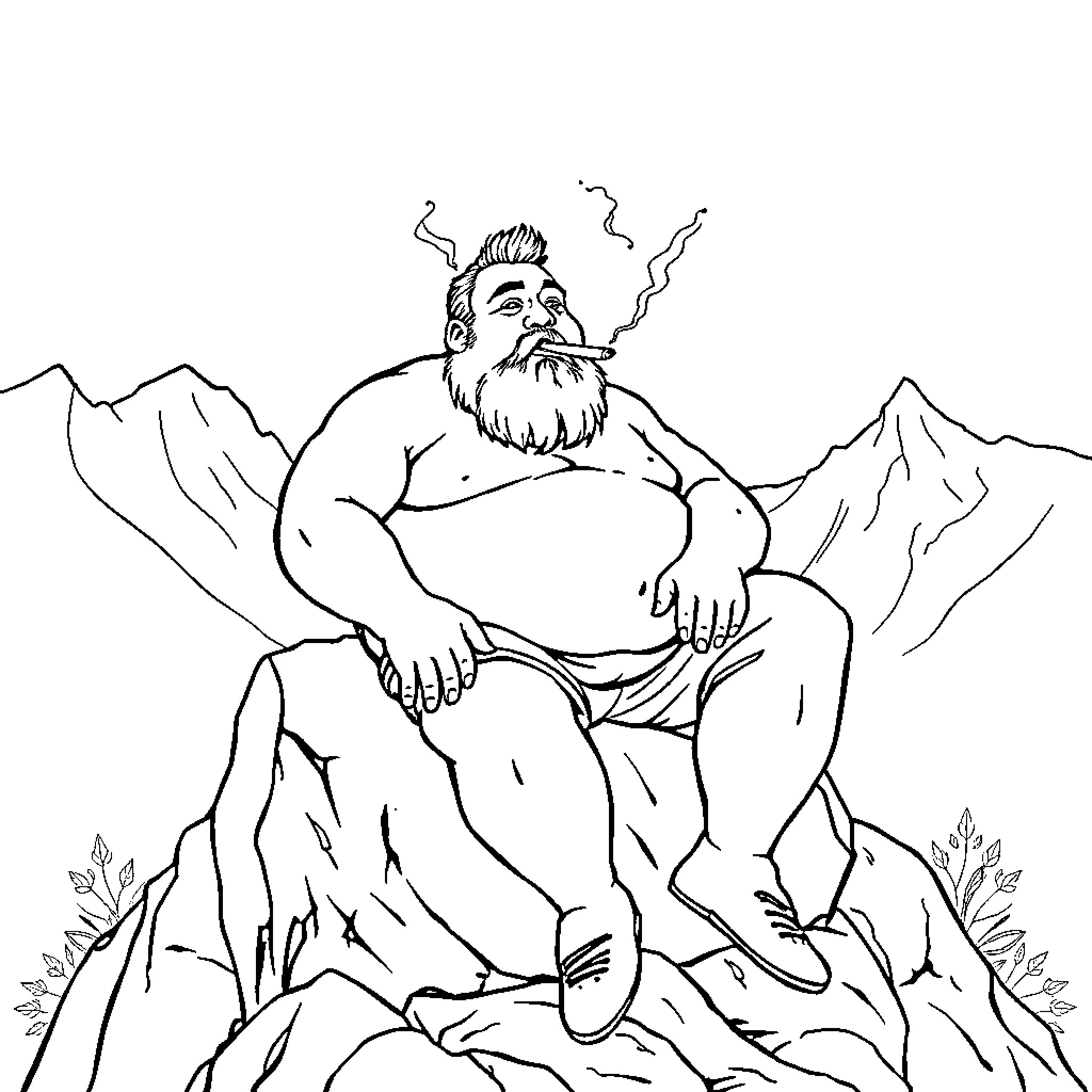Fat mountain man smoking pipe atop rocky peak Coloring Page (free black-and-white line drawing printable PDF for all, from beginners to advanced learners, including children, teens, adults, and seniors)