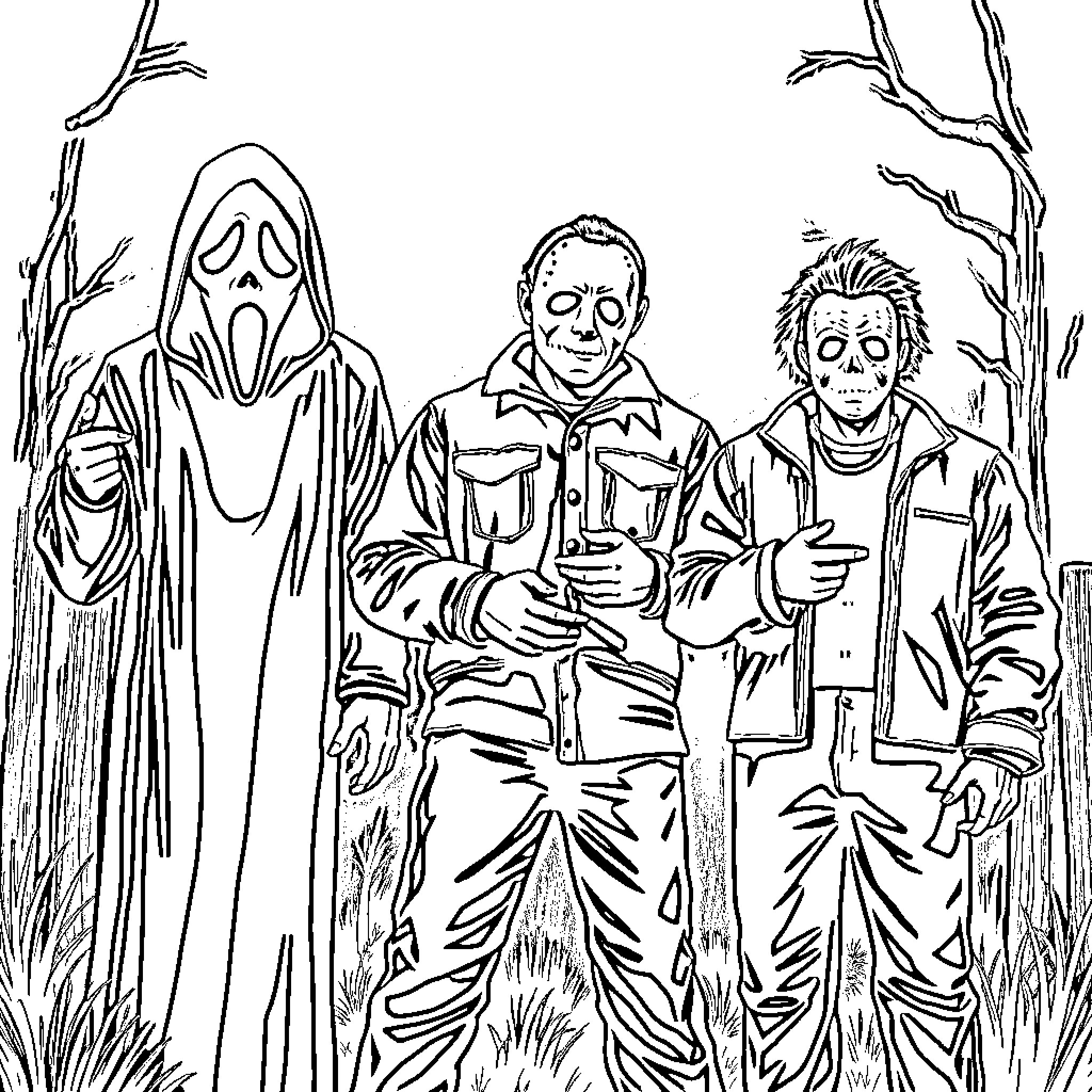 Horror Characters in a Chilling Woodland Scene Coloring Page (free black-and-white line drawing printable PDF for all, from beginners to advanced learners, including children, teens, adults, and seniors)