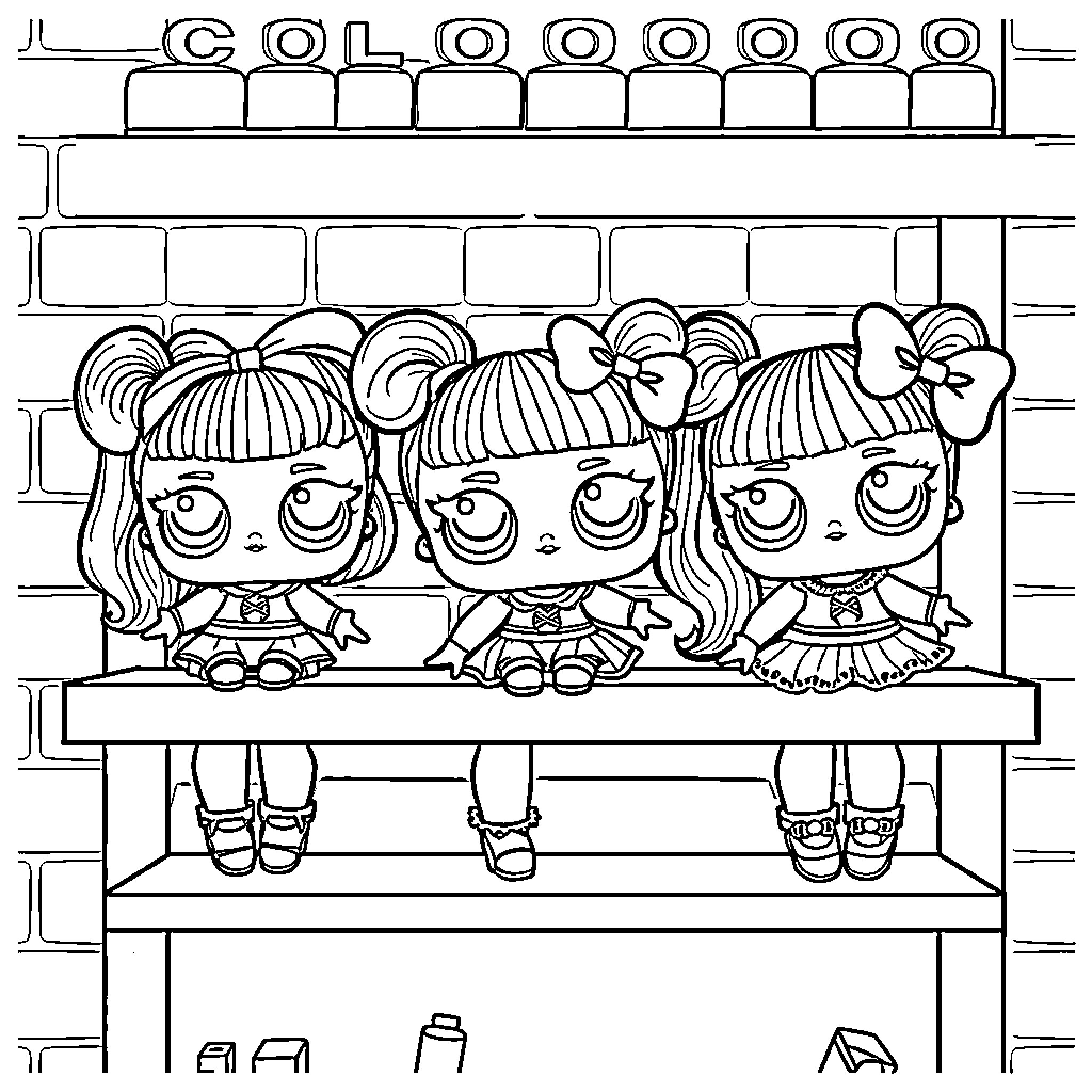 Lol Doll trio on store shelf Coloring Page (free black-and-white line drawing printable PDF for all, from beginners to advanced learners, including children, teens, adults, and seniors)