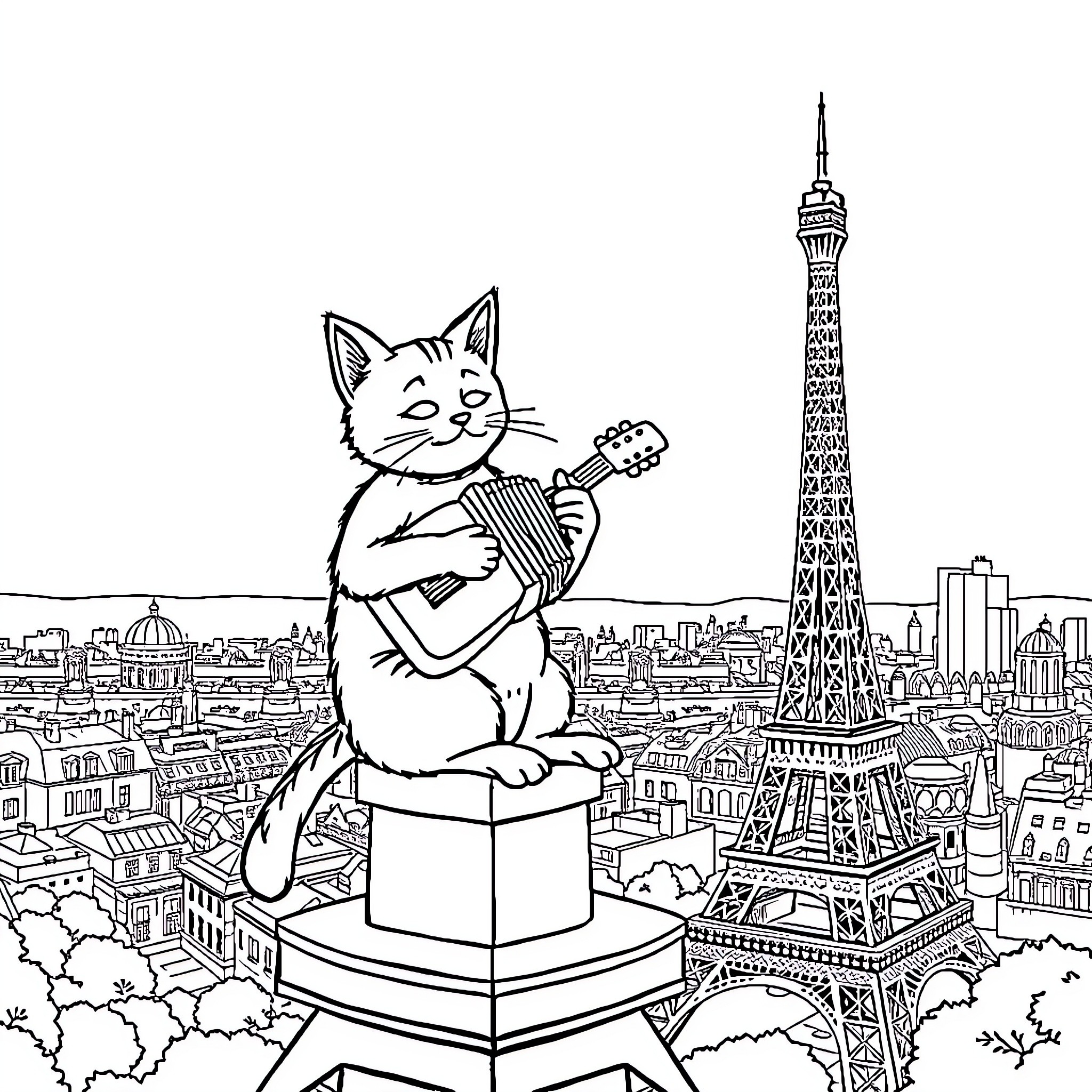 Cat Musician Serenades Paris Cityscape Coloring Page (free black-and-white line drawing printable PDF for all, from beginners to advanced learners, including children, teens, adults, and seniors)