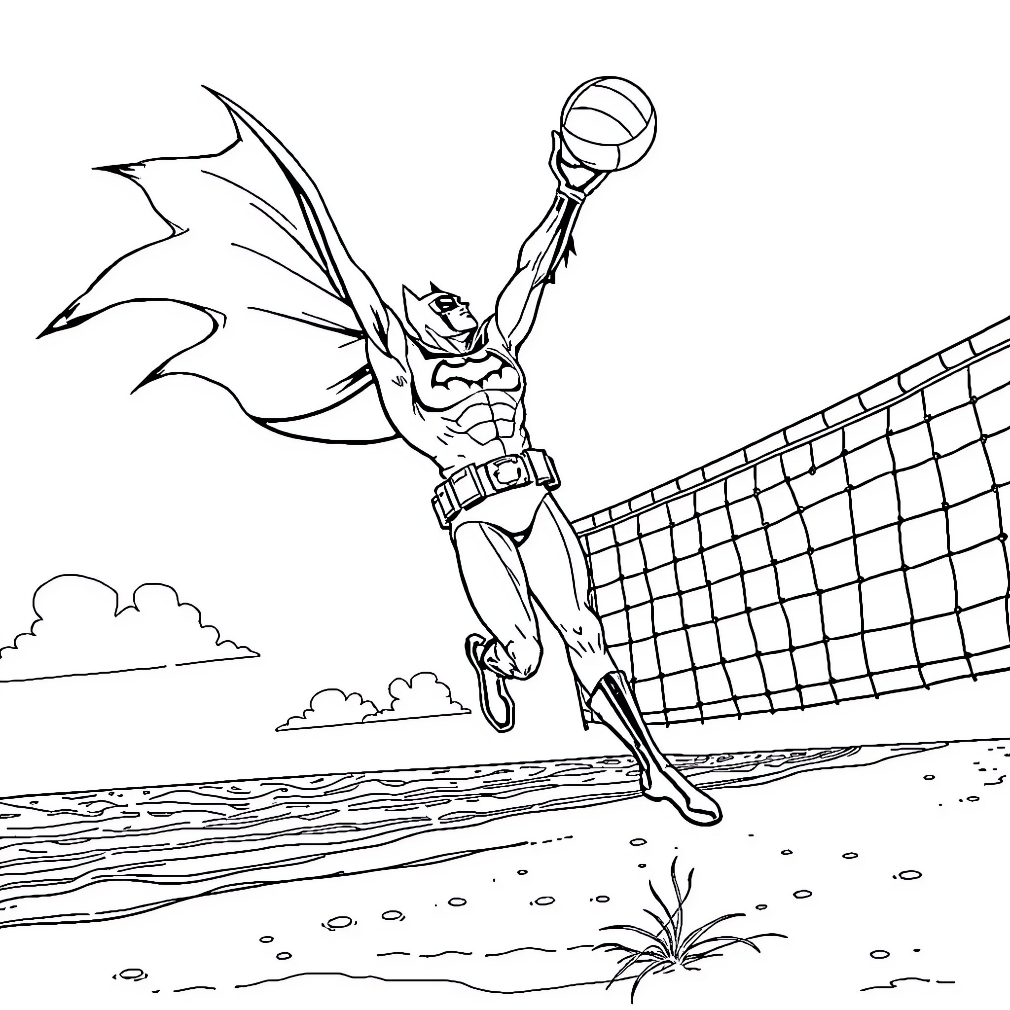 Batman swinging and ready for action Coloring Page (free black-and-white line drawing printable PDF for all, from beginners to advanced learners, including children, teens, adults, and seniors)