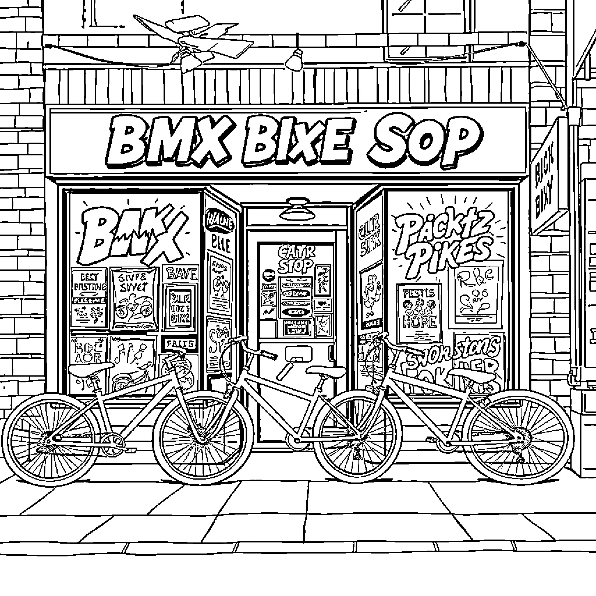 BMX Bicycle Shop with Bicycles and Merchandise Coloring Page (free black-and-white line drawing printable PDF for all, from beginners to advanced learners, including children, teens, adults, and seniors)