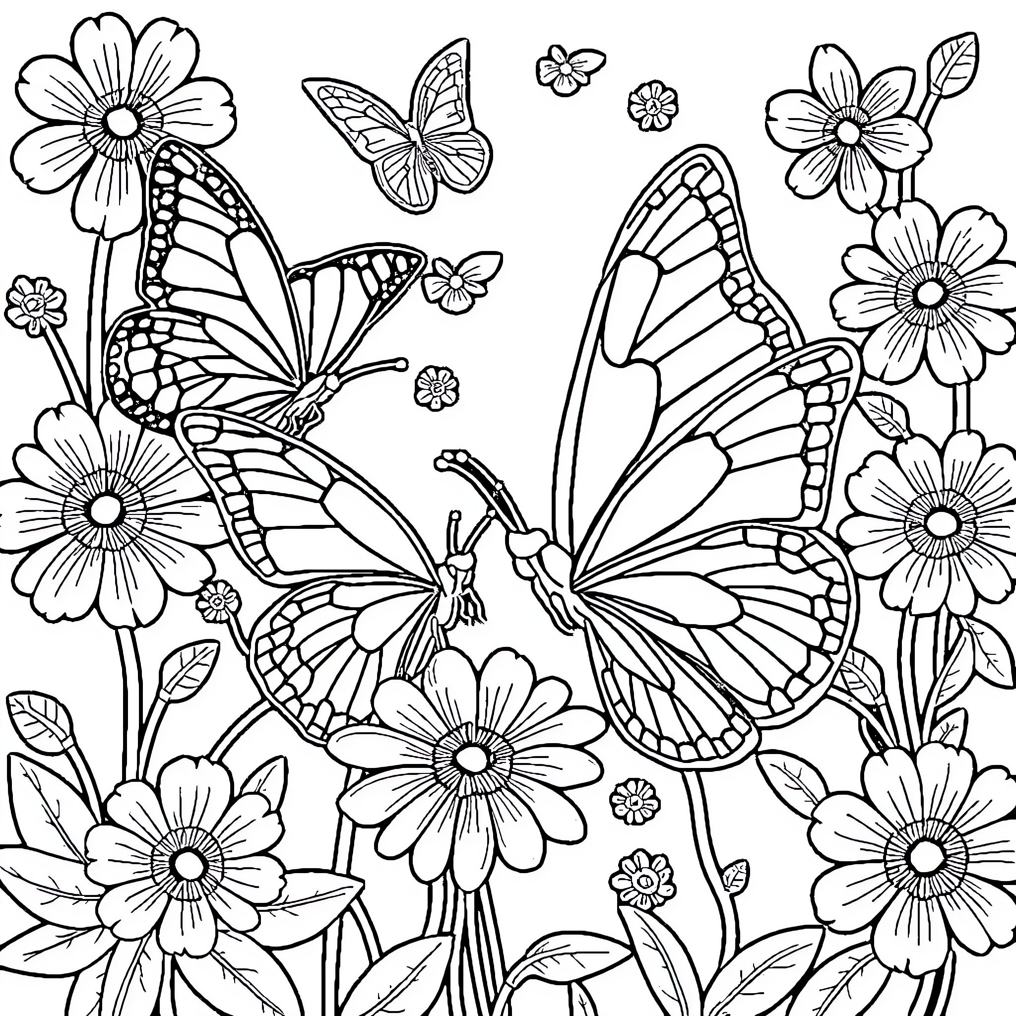 Butterflies dancing among vibrant flowers Coloring Page (free black-and-white line drawing printable PDF for all, from beginners to advanced learners, including children, teens, adults, and seniors)